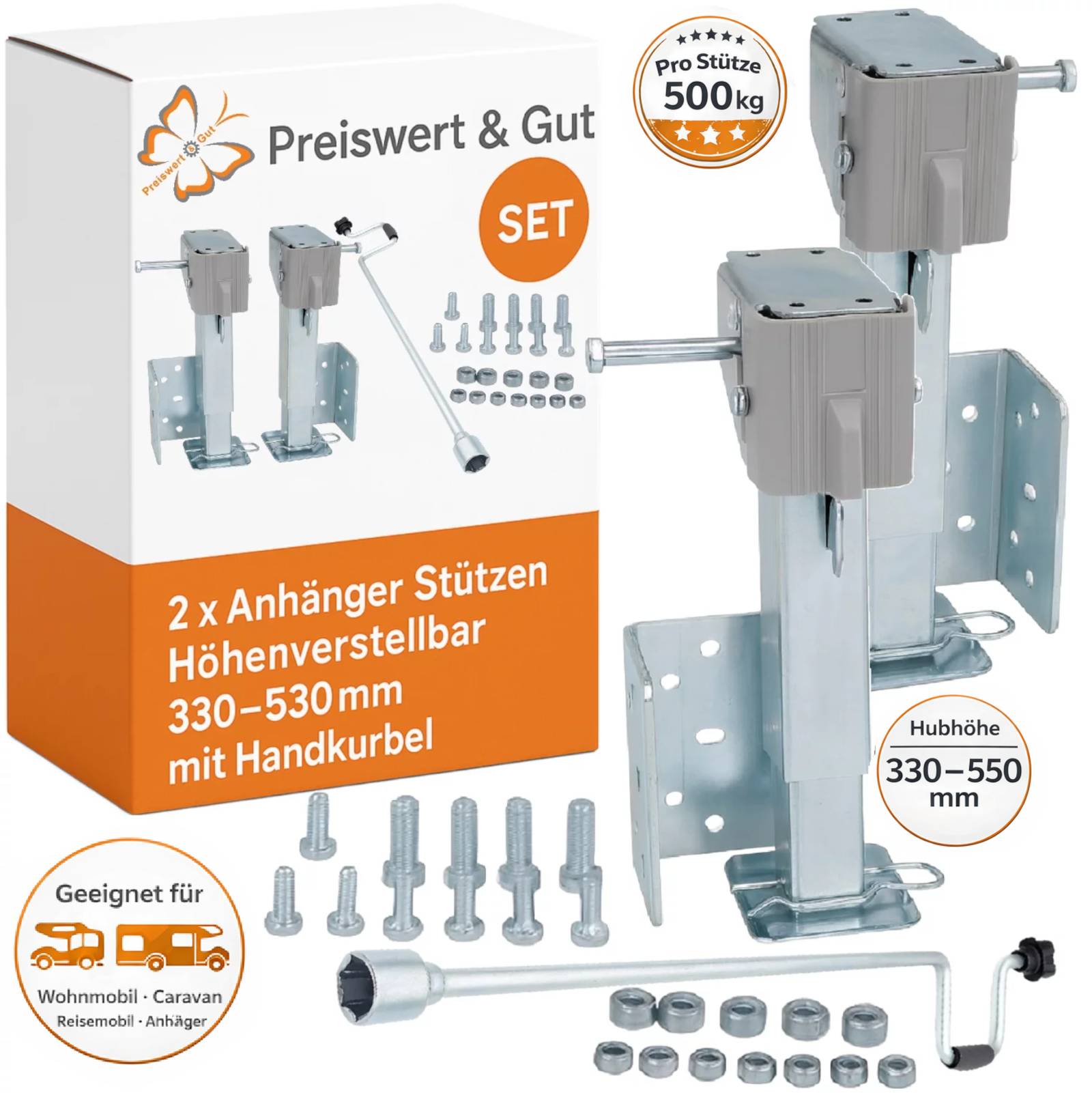 2x Anhänger Stützen mit Kurbel Wohnwagen Stützen Kurbelstützen 330–530mm 500kg