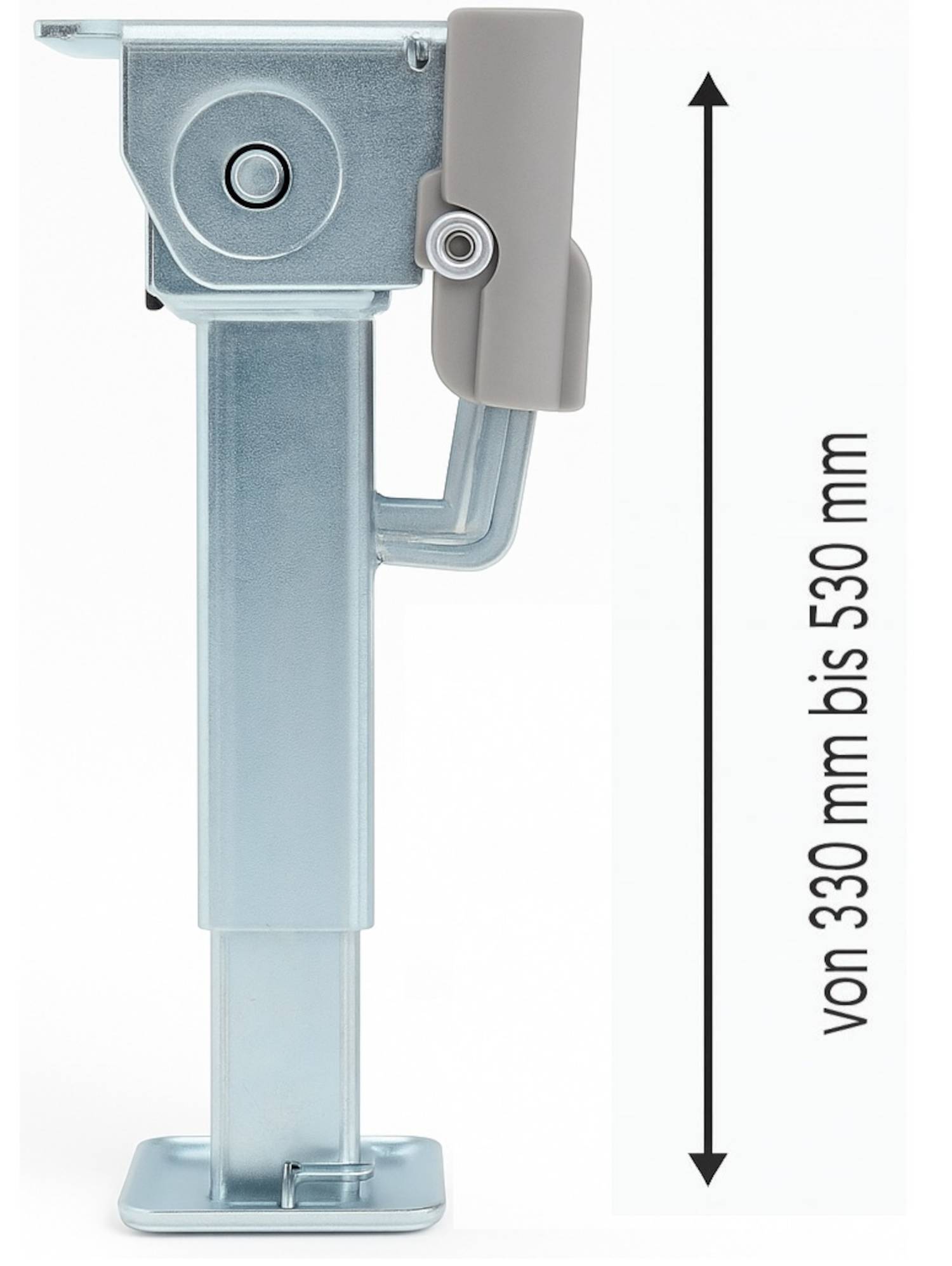 von 330 mm bis 530 mm': Eine Nahaufnahme eines verstellbaren Metall-Geräts oder -Werkzeugs, von oben fotografiert, mit Maßangabetext an der Seite.