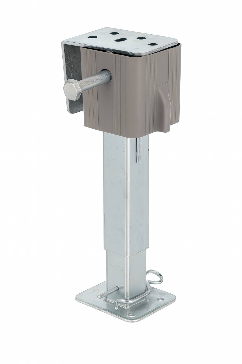 Eine Metallhebebühne mit verstellbarer Höhe und einem braunen Griff, die zum Abstützen schwerer Ausrüstung oder Strukturen verwendet wird und sich in zurückgezogener Position befindet.