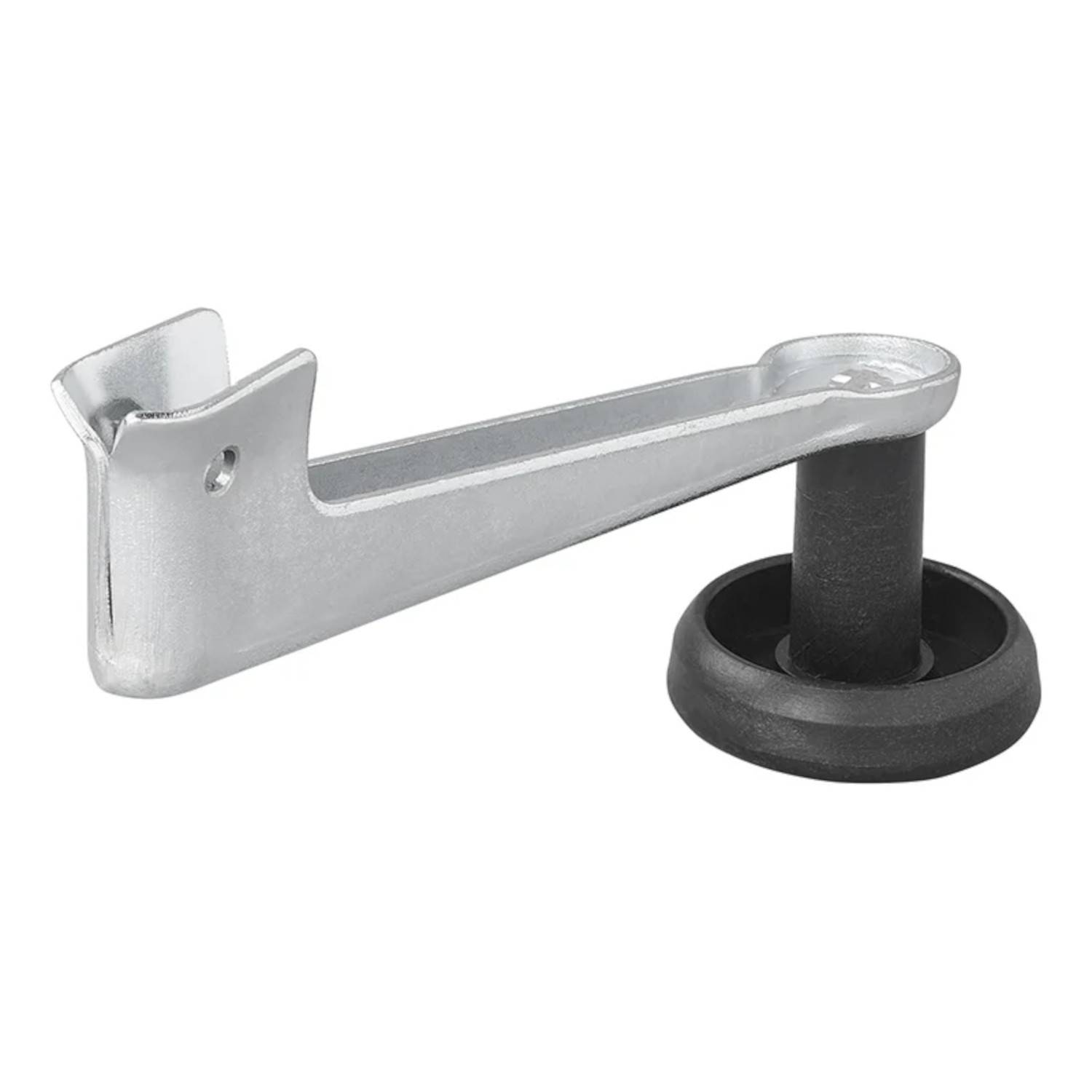 Ein Türstopper aus Metall mit einer Gummispitze und Wandhalterung, der dazu dient, eine Tür offenzuhalten oder zu verhindern, dass sie gegen eine Wand stößt.