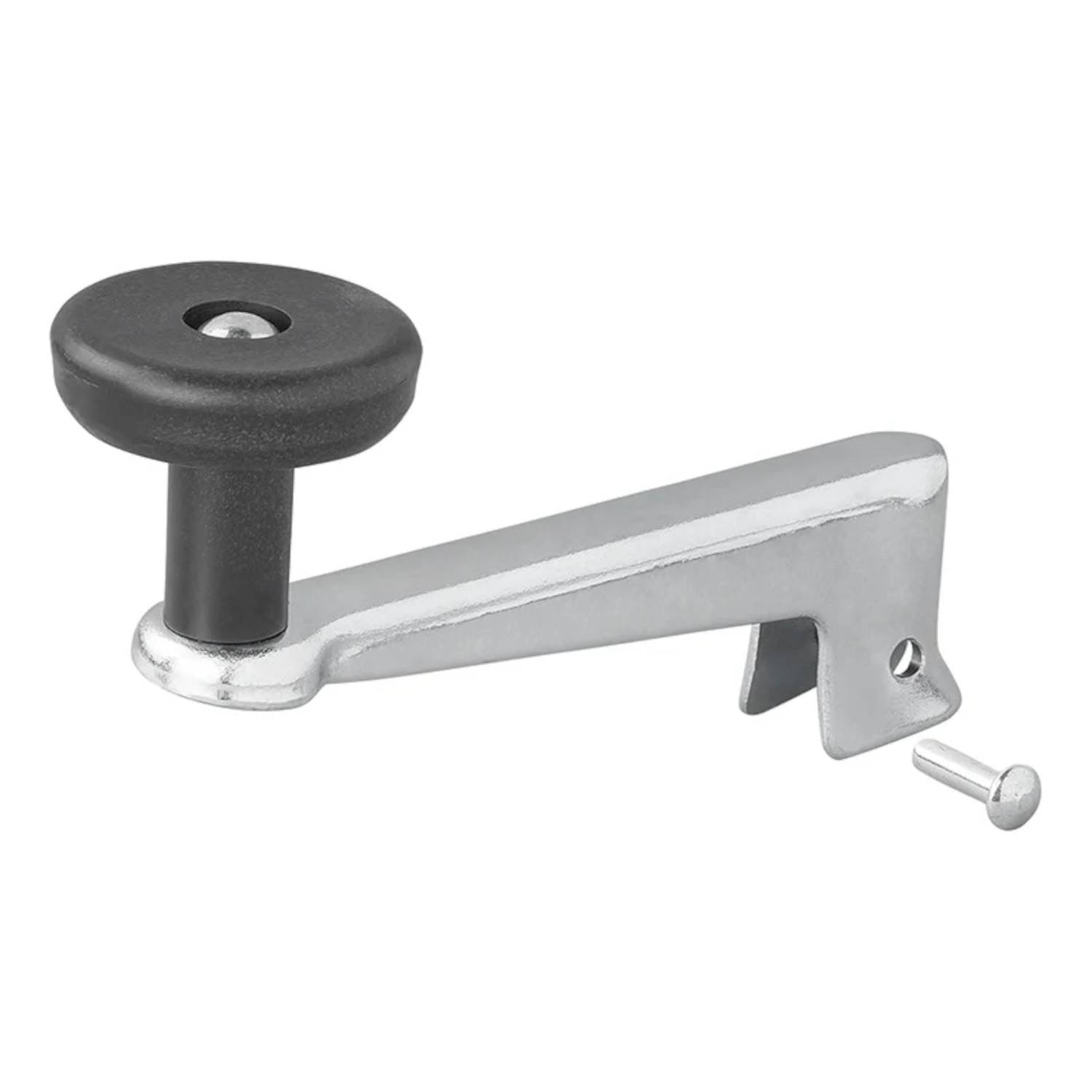 Eine Metallhandkurbel mit einem schwarzen kreisförmigen Griff, konzipiert für den Betrieb von Maschinen oder Werkzeugen, dargestellt mit einem kleinen abgenommenen Stift.