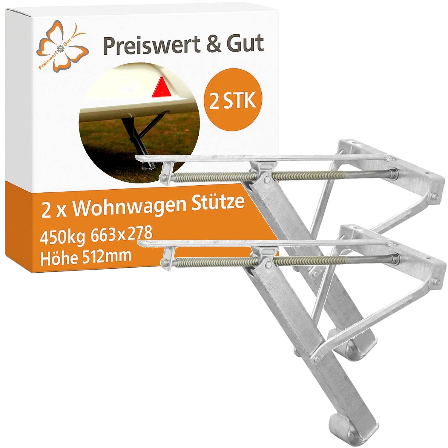 Preiswert & Gut' Produktbox mit zwei Wohnwagenstützen. Tragfähigkeit: 450 kg, Abmessungen: 663x278 mm, Höhe: 512 mm, 2 Stück enthalten.