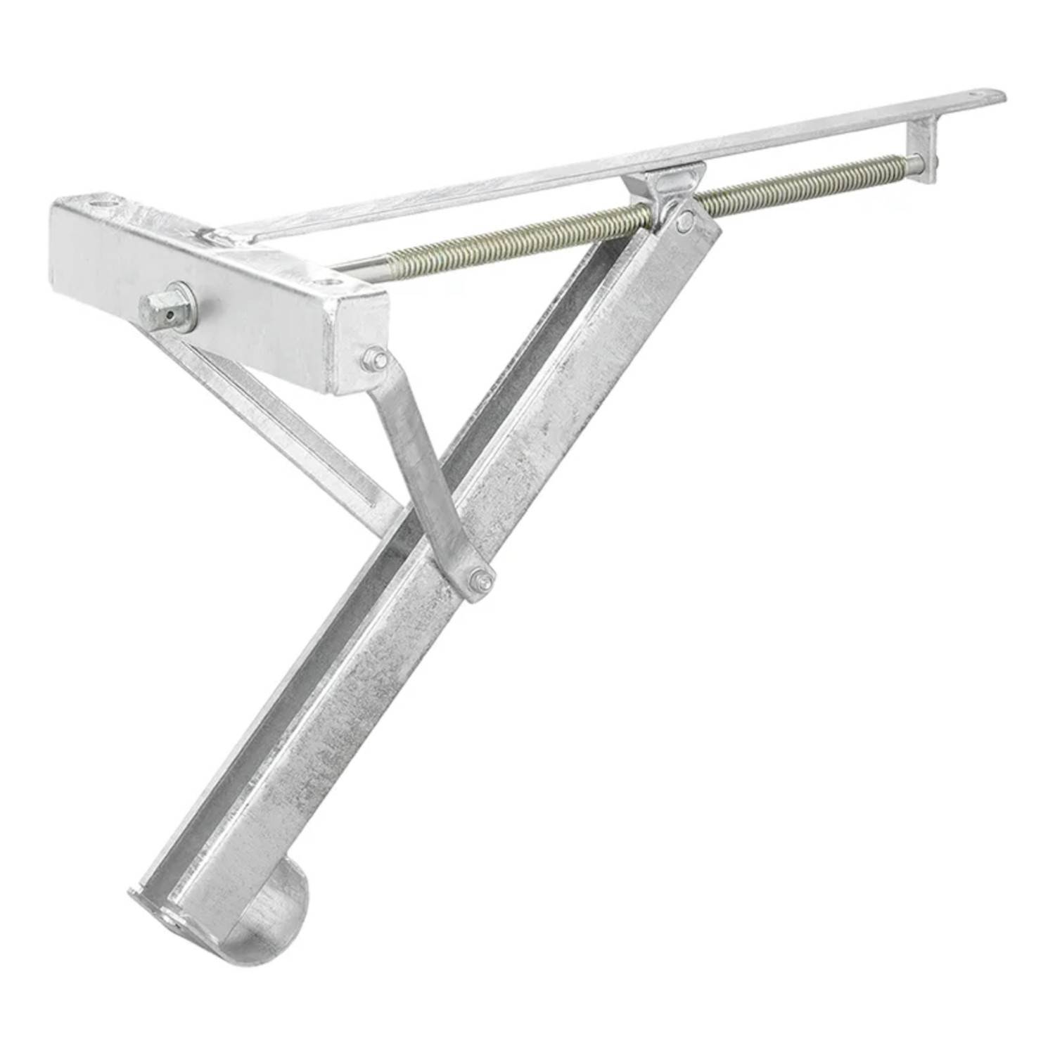 Eine Metallfederscharnier aus Silber, entwickelt für robuste Unterstützung, die einen komplexen Hebelmechanismus zeigt, geeignet für Klapptische oder Bänke.