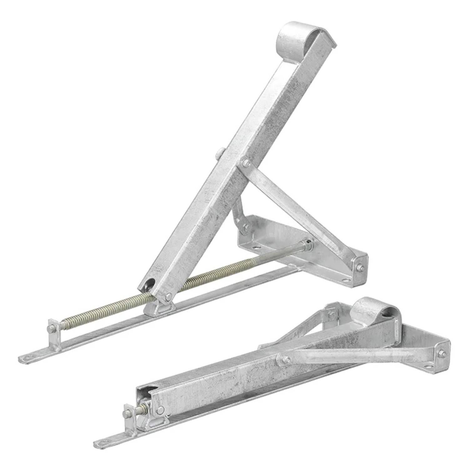 Zwei metallische Scharniere in einem Seite-an-Seite-Vergleich. Ein Scharnier befindet sich in geschlossener Position, der andere ist teilweise geöffnet und zeigt den Federmechanismus.