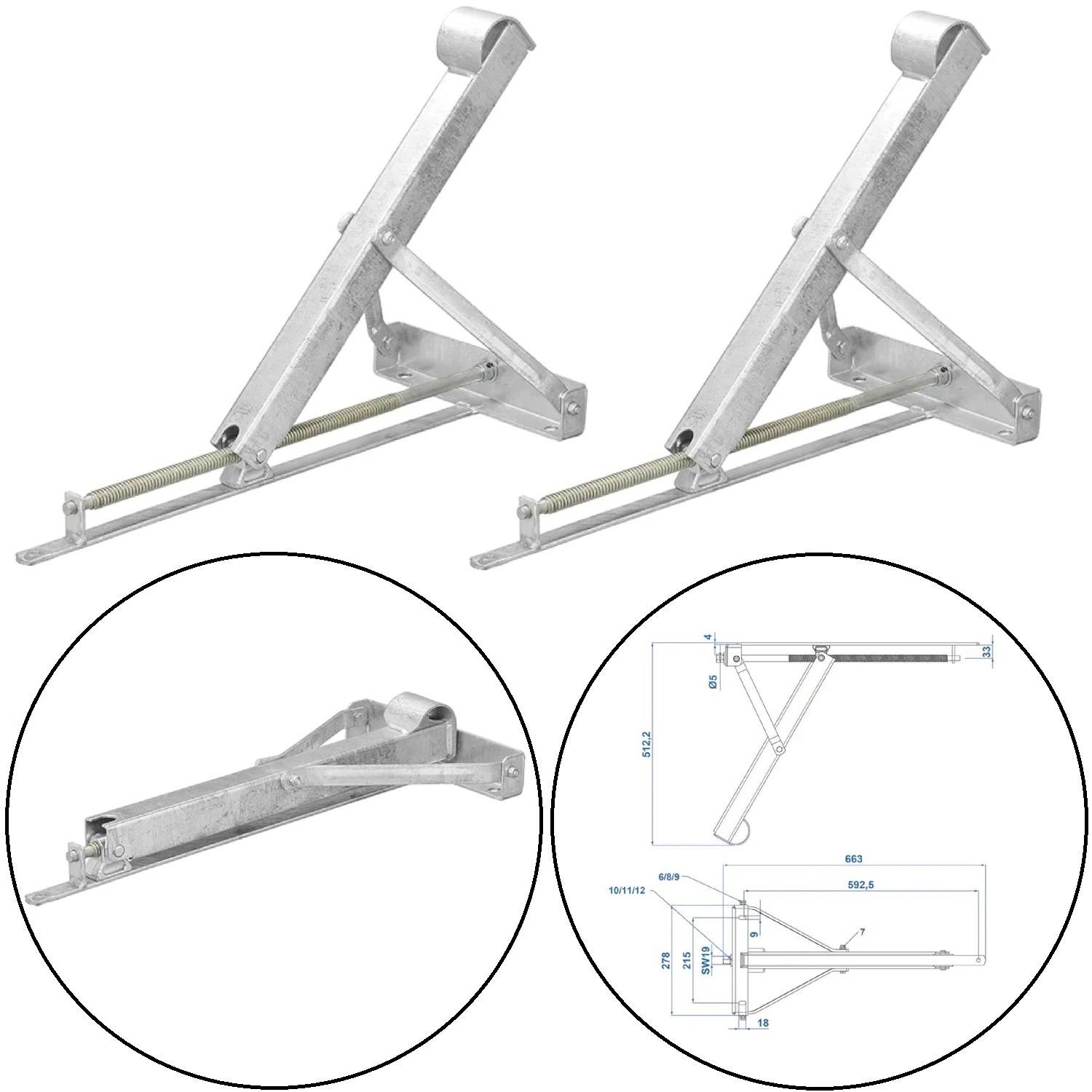 Zwei Wand-Kayakhalterungen aus Metall sind zu sehen, eine zusammengeklappt und eine ausgefahren. Eine Grafik zeigt ihre Abmessungen und Installationswinkel.