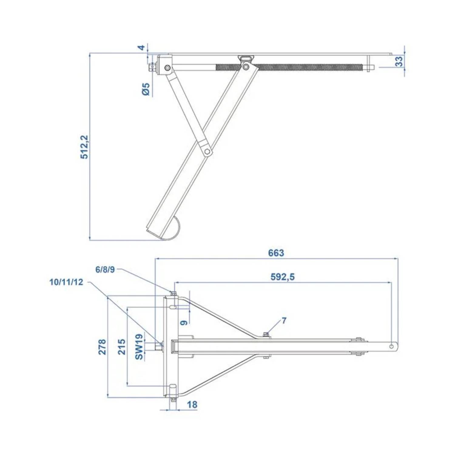 Technische Zeichnung eines Klapptischscharnieres mit Maßangaben und Seitenansicht. Wichtige Messungen umfassen 663 mm Länge, 512,2 mm Höhe und spezifische Schraubengrößen wie SW19.