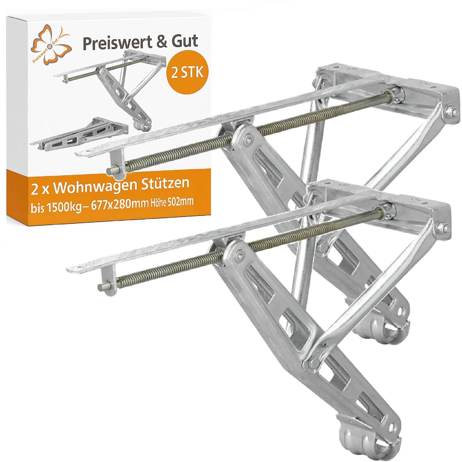 Zwei silberne Wohnwagen-Wagenheber mit einer Schachtel mit der Aufschrift 'Preiswert & Gut 2 STK', die bis zu 1500 kg tragen können, Abmessungen 677x280 mm, Höhe 502 mm.