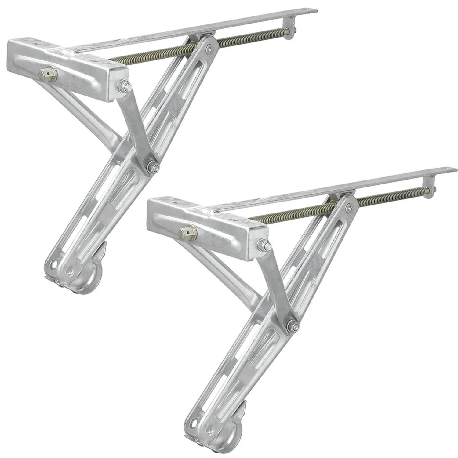 Zwei silberne Metall-Klappregalkonsolen mit Federmechanismus, in Seitenansicht dargestellt, für wandmontierte, verstellbare Regale konzipiert.