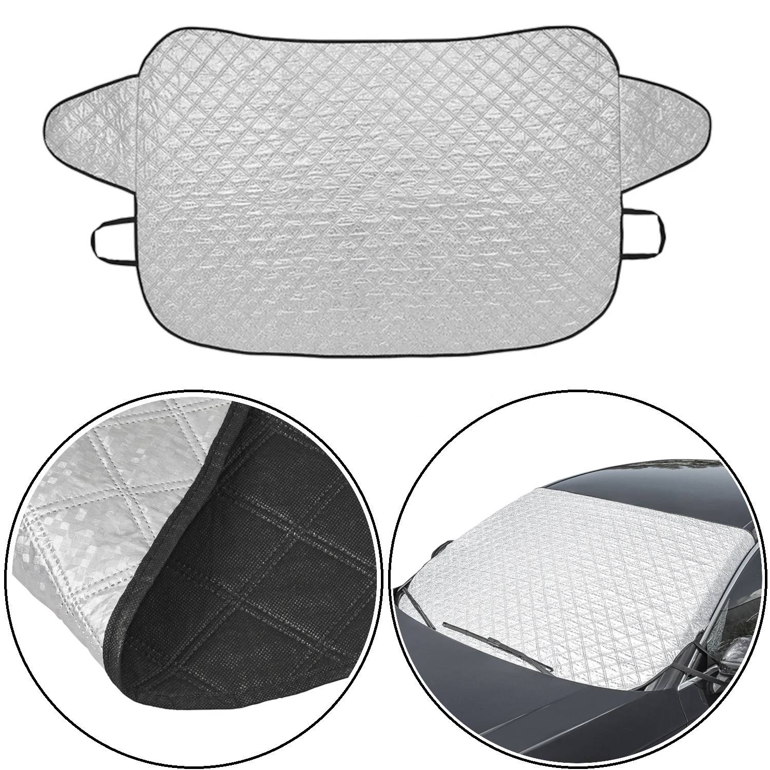 Autoscheiben-Schneedecke mit silbernem gestepptem Design und Befestigungsriemen. Einschübe zeigen die schwarze Unterseite und die Abdeckung im Einsatz auf einem Auto.