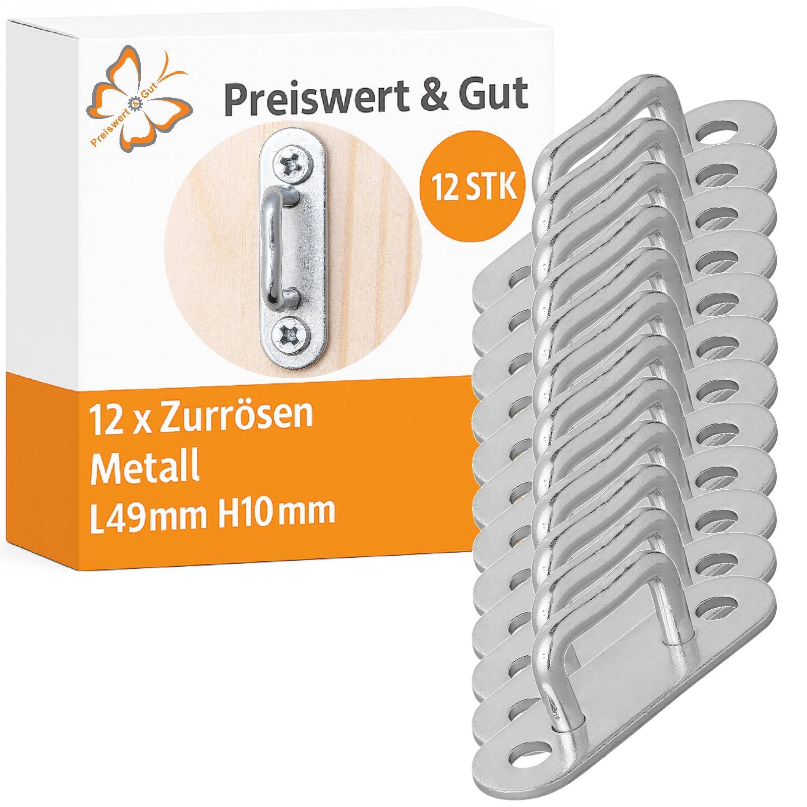 Box mit 'Preiswert & Gut' Logo enthält zwölf Metallspannringe, Größe L49mm x H10mm. Abbildung zeigt einen Ring in Nahaufnahme.