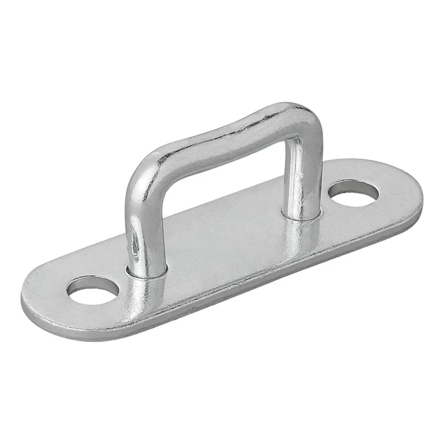 Ein Metallanschlagpunkt mit ovaler Grundfläche und zwei Schraublöchern an jedem Ende zur Befestigung. Er verfügt über eine U-förmige Öse zum Anbringen von Haken oder Kabeln.