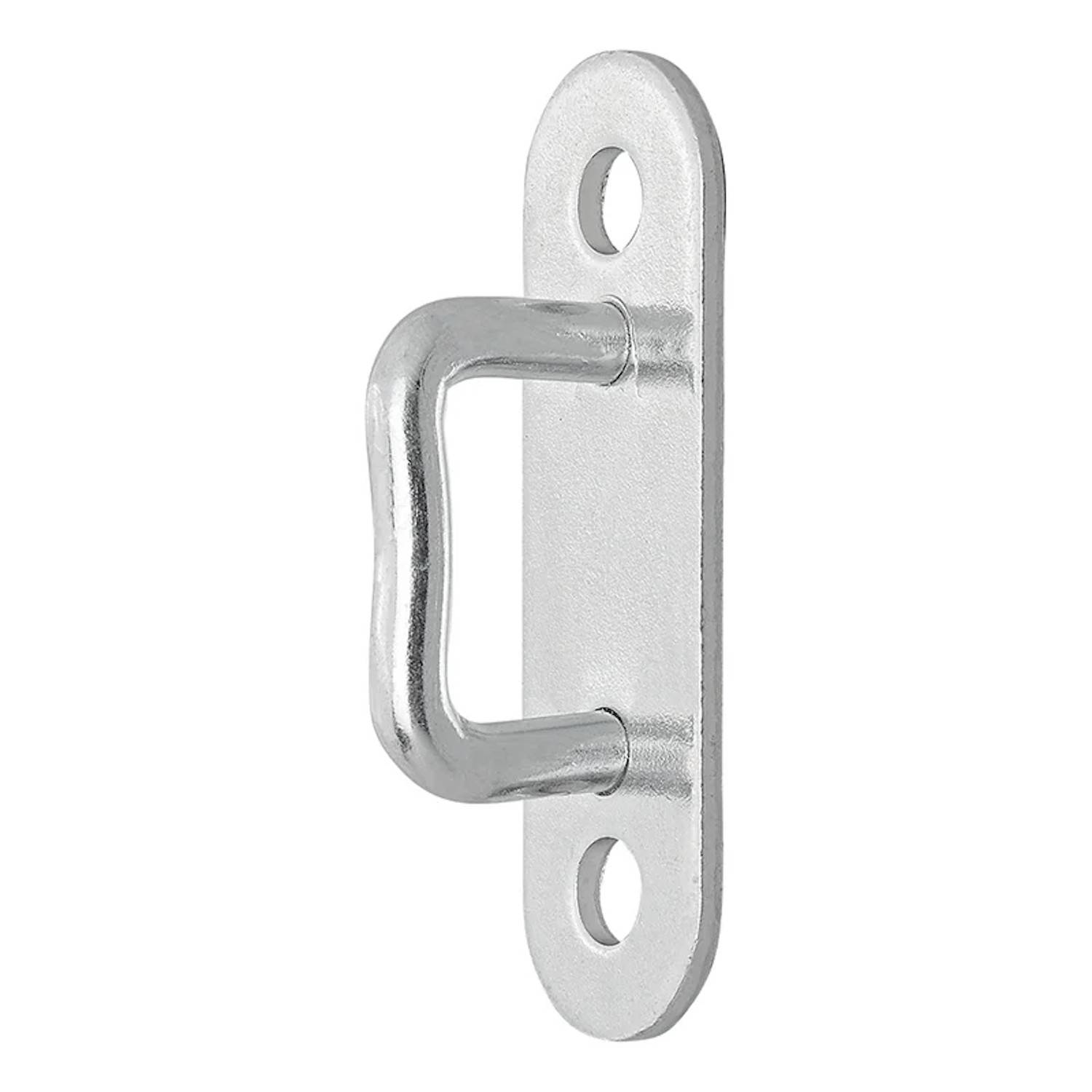 Metallisches Türschlossblech mit zwei Schraublöchern, entwickelt zur Befestigung eines Türriegels, vor einem weißen Hintergrund abgebildet.