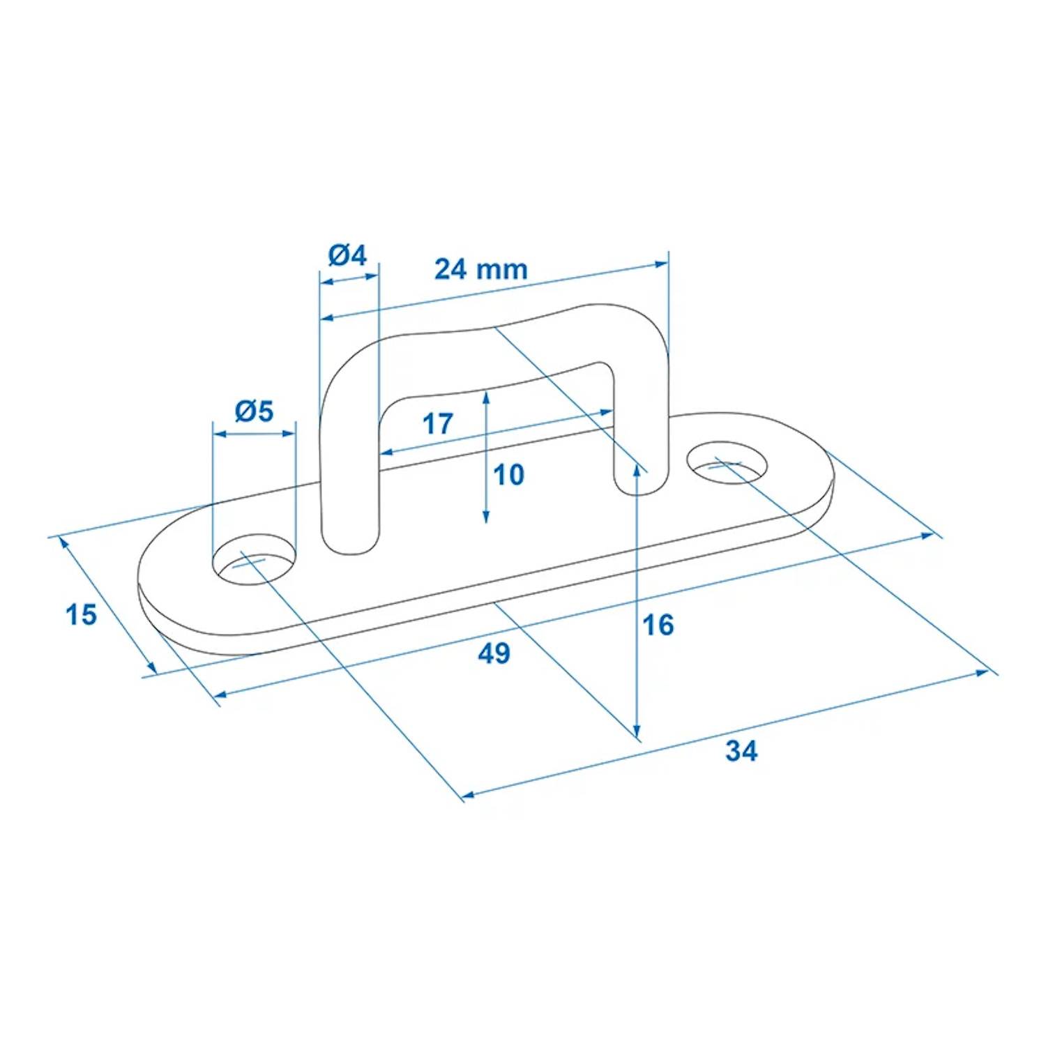 Technische Zeichnung eines Metallhalters mit Löchern, die folgende Abmessungen zeigt: 49 mm Länge, 34 mm Breite, 24 mm Höhe und Lochdurchmesser von 4 mm und 5 mm.