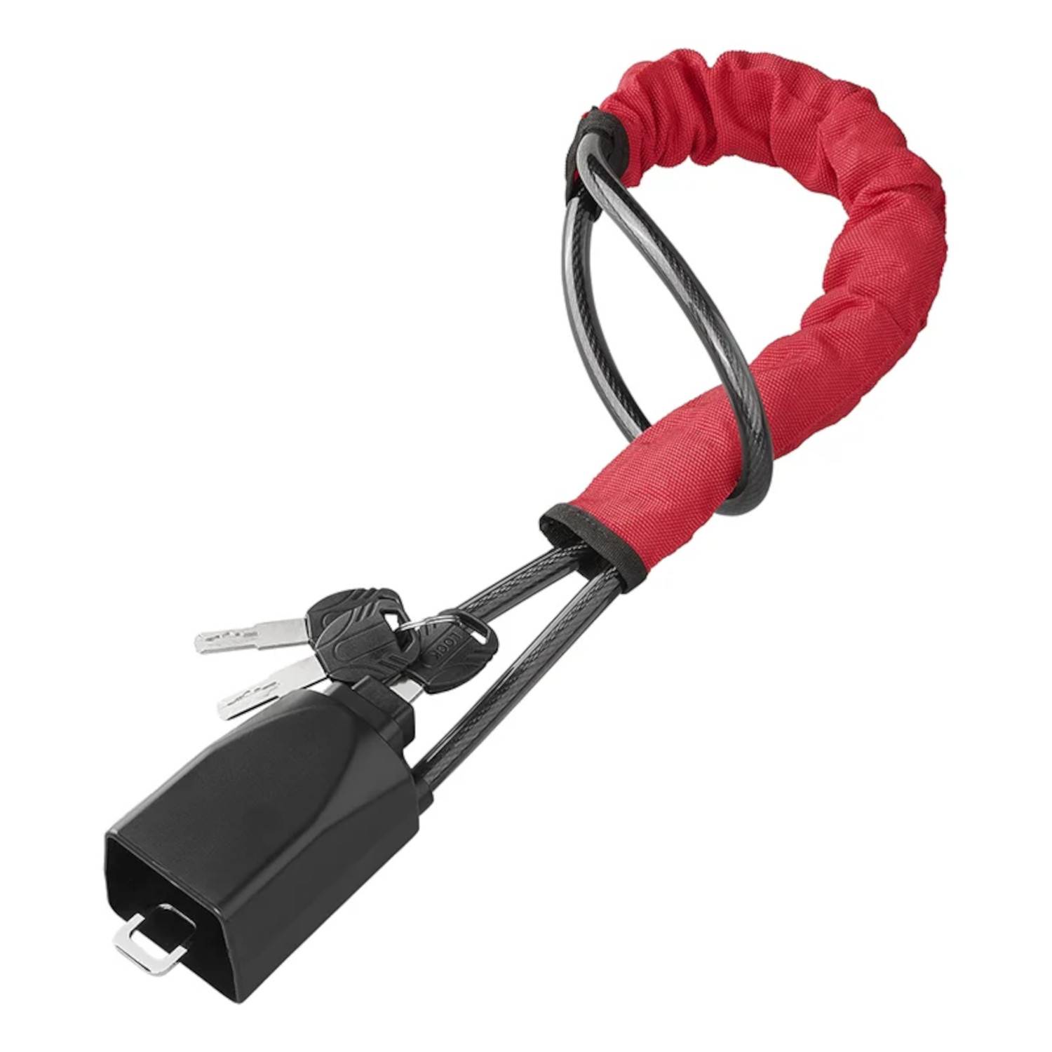 Rotes Kabelschloss mit schwarzer Kunststoffummantelung und zwei mitgelieferten Schlüsseln, konzipiert zum Sichern von Fahrrädern oder ähnlichen Gegenständen.