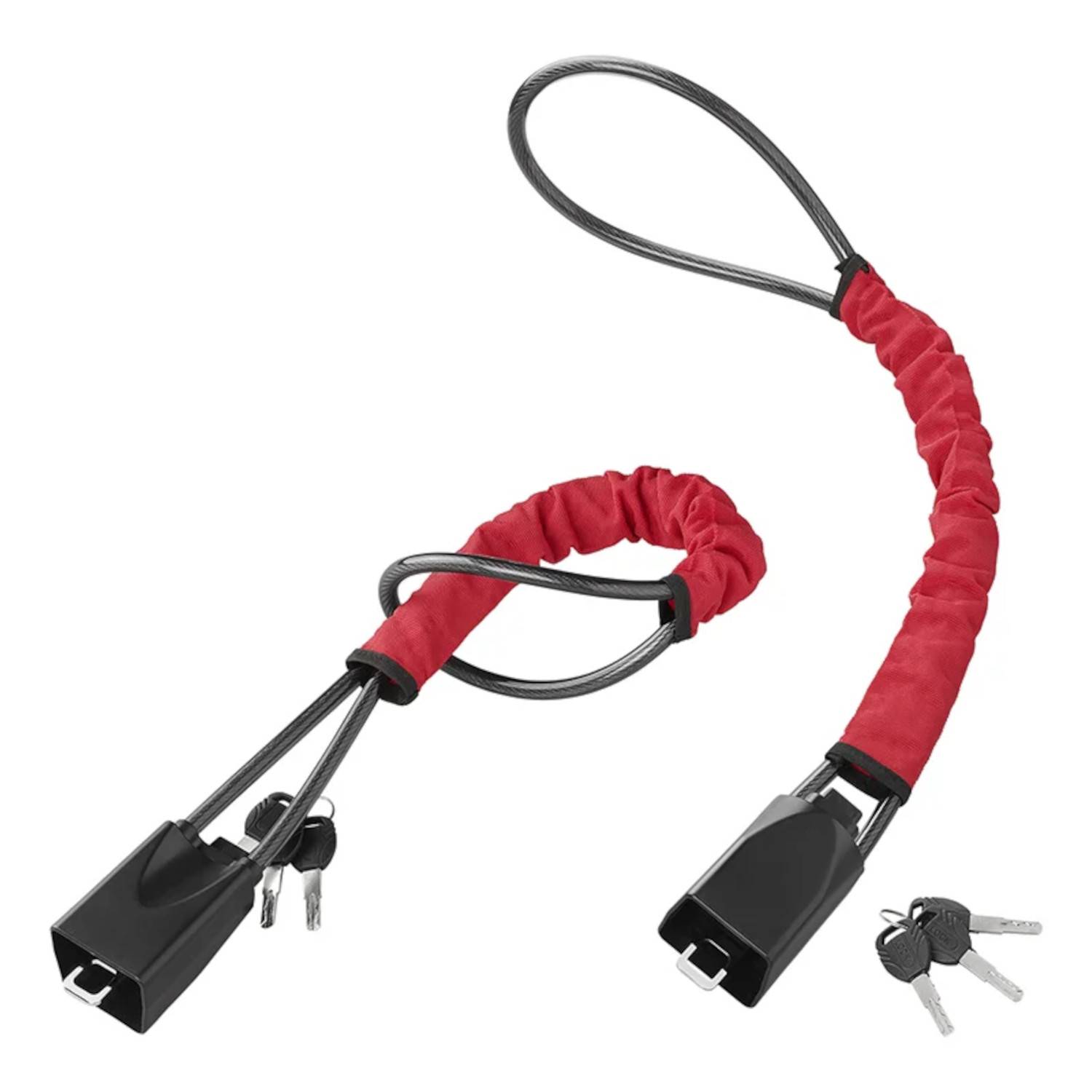 Ein rot und schwarz gefärbtes Kabelschloss mit zwei Schlüsseln, entwickelt zum Sichern von Fahrrädern. Das Schloss verfügt über eine geloopte Kabel und eine schützende Ummantelung.