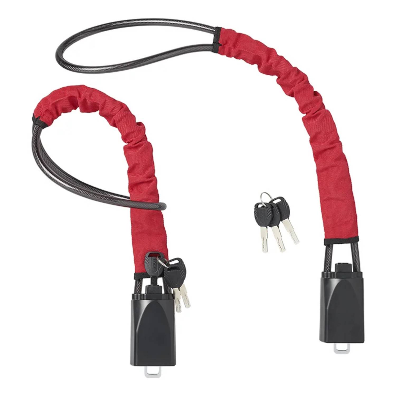 Ein rotes Fahrradschloss-Kabel mit einem schwarzen Vorhängeschloss und zwei Schlüsseln. Das Kabel ist geschlungen und deutet auf eine Sicherheits- oder Verschlussfunktion hin.