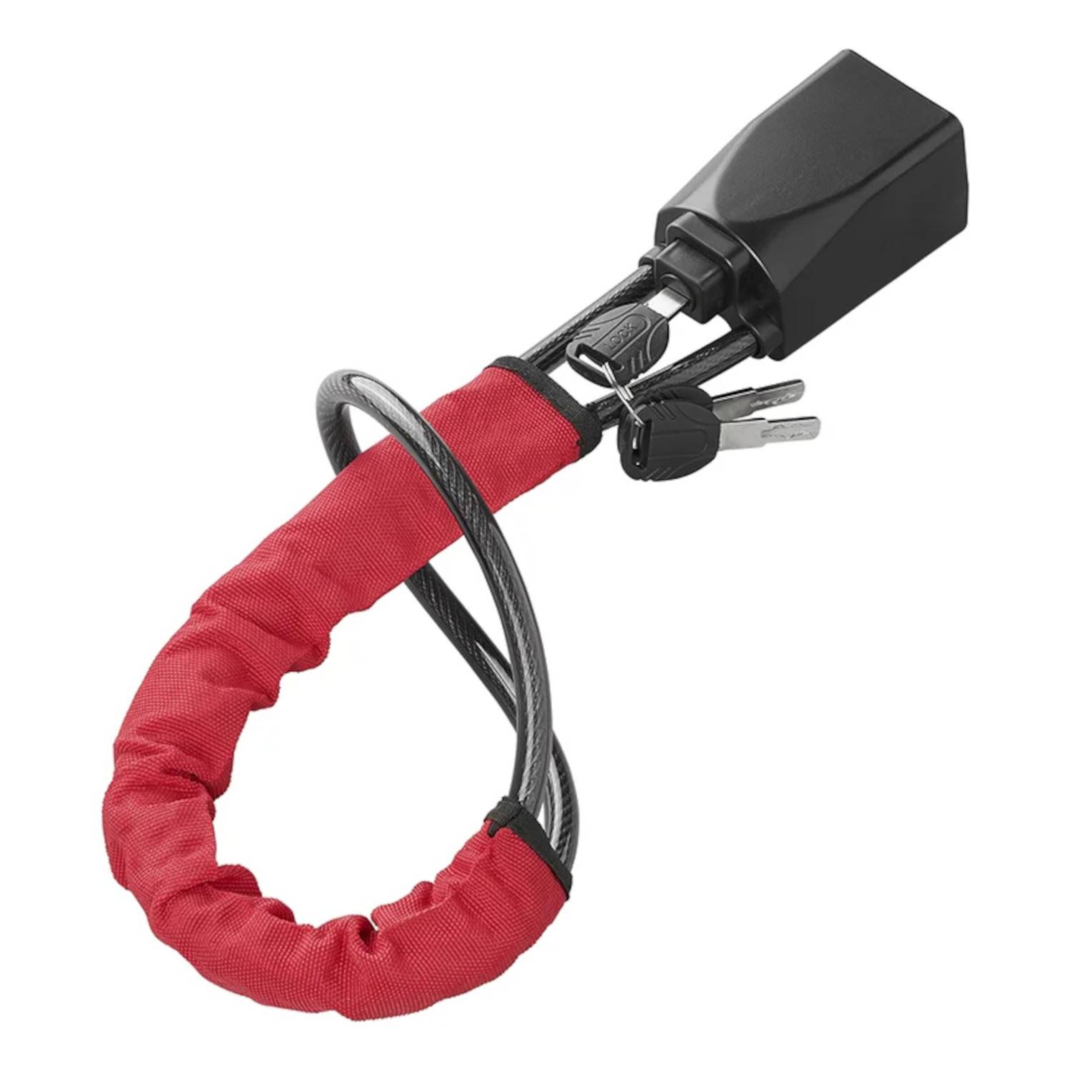 Ein Kabelschloss mit einer roten Schutzabdeckung und einem schwarzen Verschließmechanismus. Zwei Schlüssel sind in das Schloss eingesteckt.