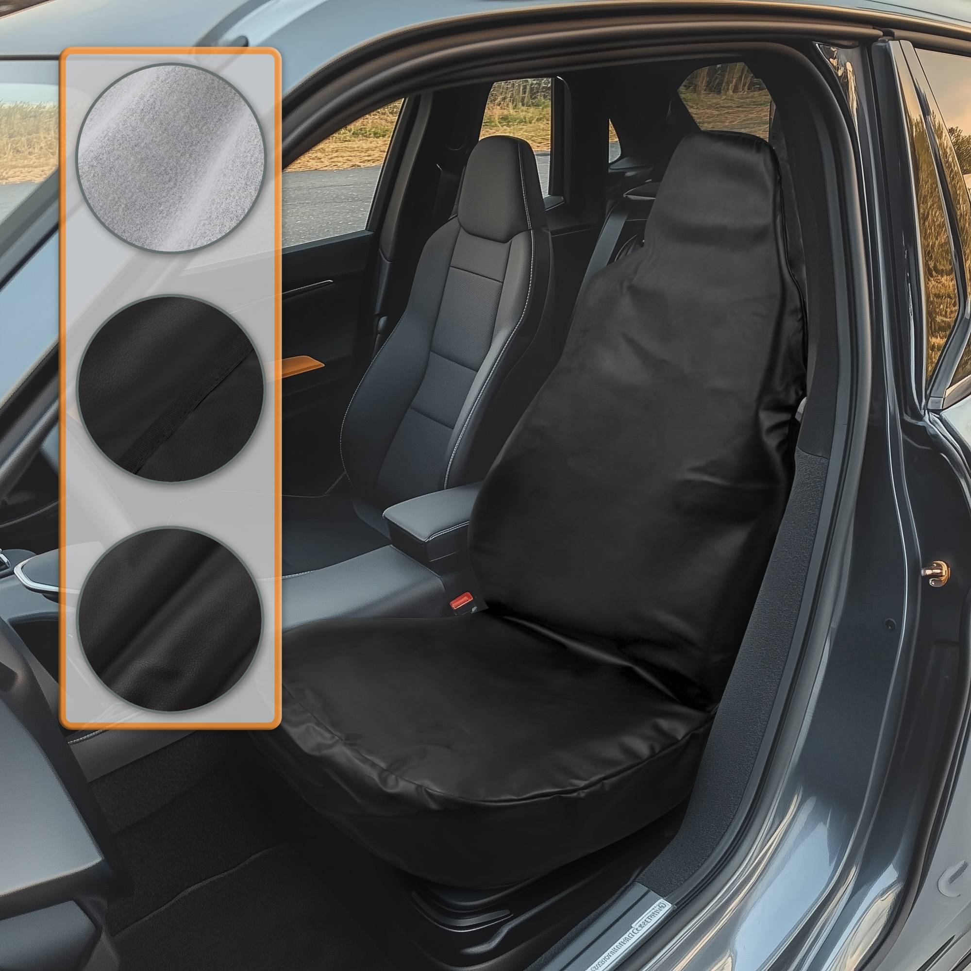 Nahaufnahme des Innenraums eines Autos, die eine komplette Sitzbezug zeigt. Eine Einblendung zeigt Stoffmuster in verschiedenen Farben: hellgrau, dunkelgrau und schwarz.