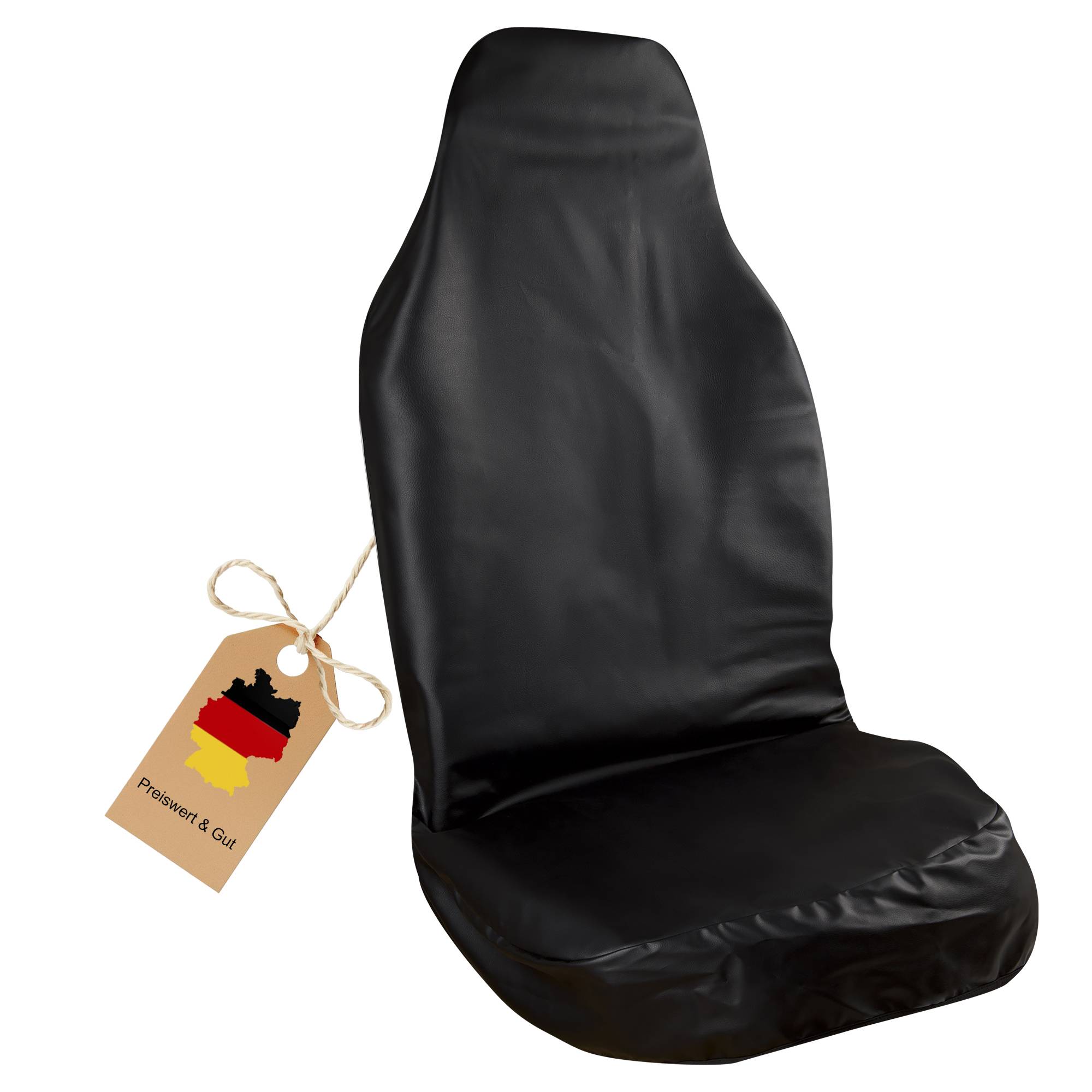 Schwarzer Autositzbezug mit einem Etikett, das die deutsche Flagge zeigt und den Text 