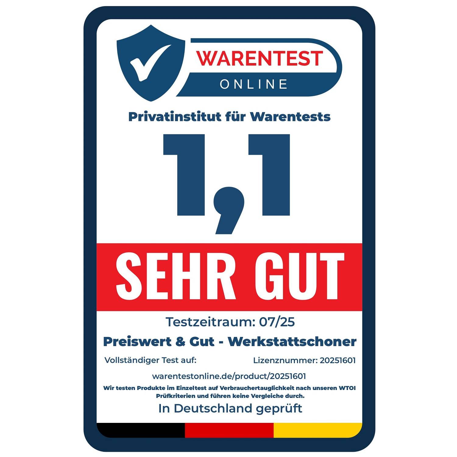 Label zeigt die 'Warentest Online' Bewertung von 1,1, gekennzeichnet als 'Sehr Gut'. Getestet im 07/25 auf Kosten-Nutzen-Verhältnis und Qualität, Deutschland.