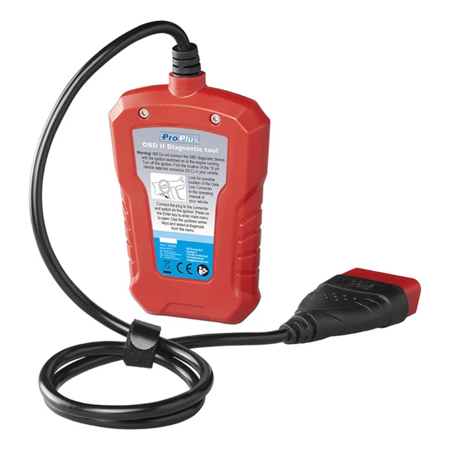 Ein rotes OBD-II-Diagnosegerät mit einem schwarzen Kabel für Fahrzeugdiagnosen, versehen mit einer Etikette, die Markeninformationen und Bedienungsanleitung anzeigt.