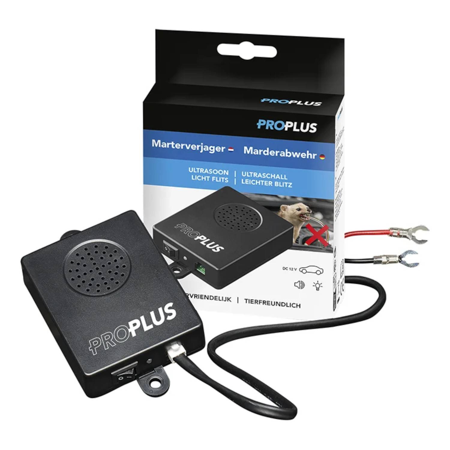 Ultraschall-Nagetiervertreibungsgerät mit Lautsprecher und Verkabelung wird neben seiner Verpackung gezeigt. Die Schachtel hebt seine umweltfreundlichen Eigenschaften hervor.