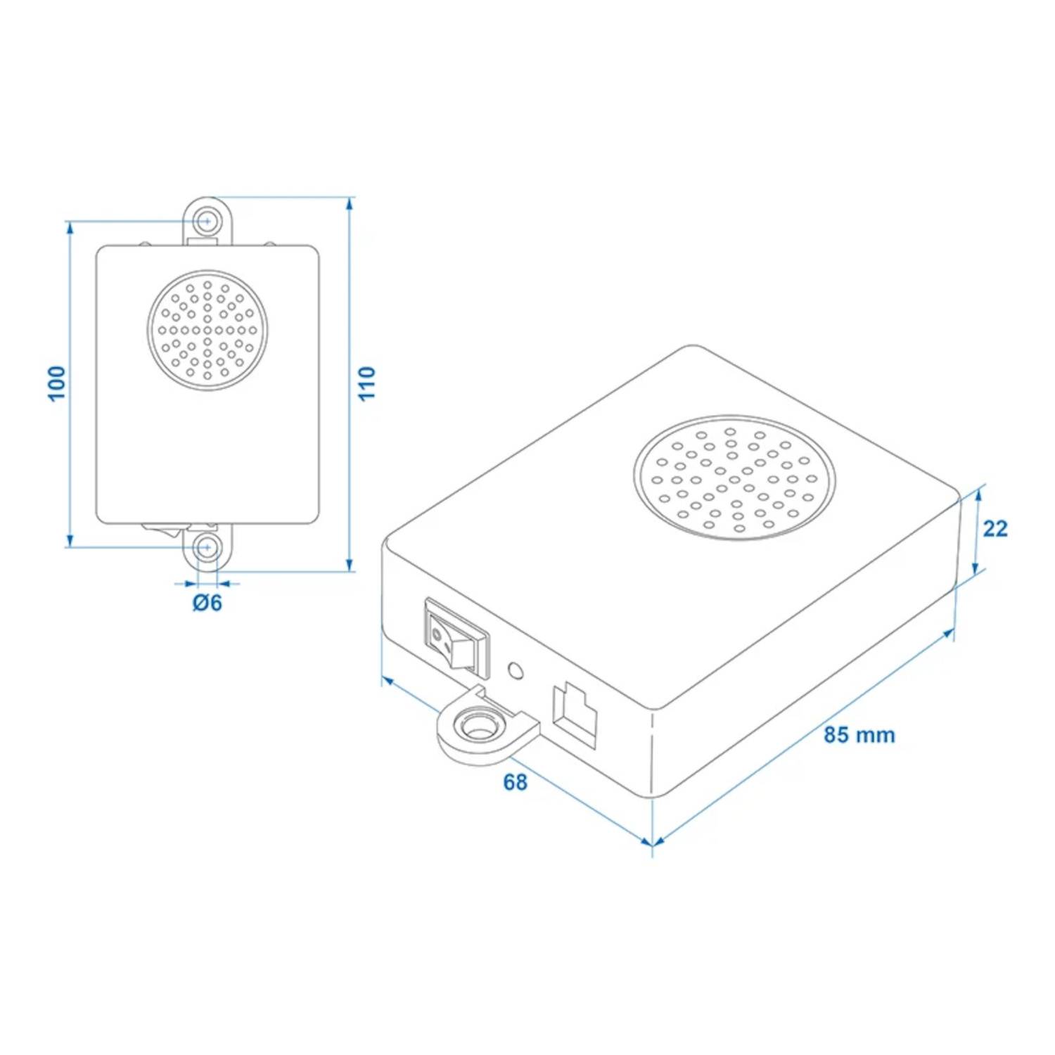 Technische Zeichnung einer elektronischen Vorrichtung, 110x100x22 mm, mit kreisförmiger Belüftungsöffnung. Anschlüsse und Befestigungspunkte mit Maßangaben gekennzeichnet.