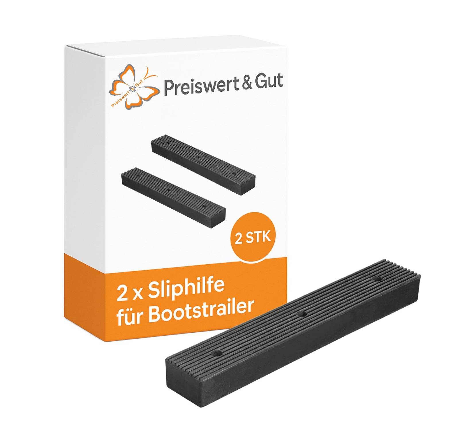 Eine Box mit der Beschriftung 'Preiswert & Gut' mit zwei schwarzen Sliphilfen für Bootstrailer abgebildet, versehen mit dem Text '2 x Sliphilfe für Bootstrailer'.