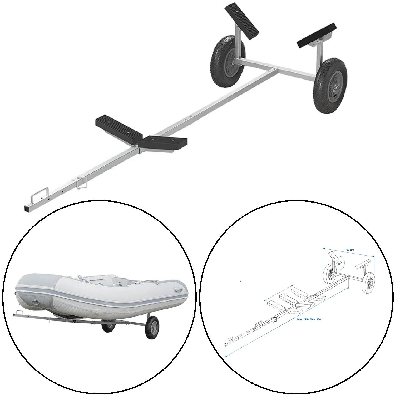 Eine Montageskizze eines Bootswagens mit einem ausziehbaren Transportgestell, ausgestattet mit Rädern und Stützträgern, verwendet zum Transport von Schlauchbooten.