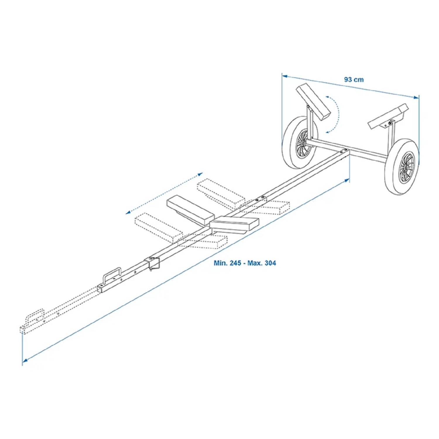 Linienzeichnung eines Fahrradträgers mit zwei Rädern, verstellbare Länge von 245 bis 304 cm und einer Breite von 93 cm.