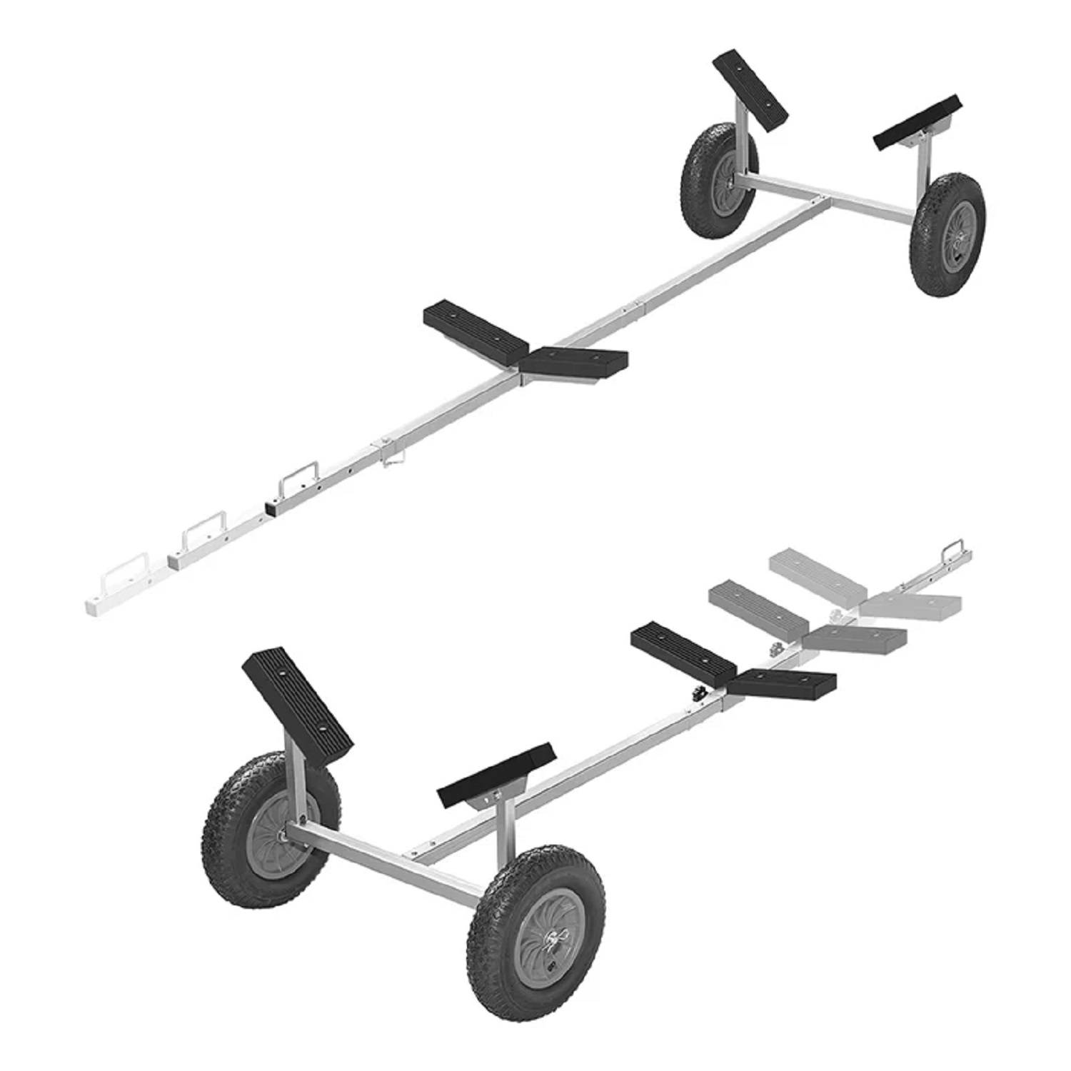 Ein schwarz-weißes Bild, das zwei angewinkelte Ansichten eines rädrigen Metallwagens zur Objektbeförderung zeigt, jeweils mit einem verstellbaren Stützsystem.
