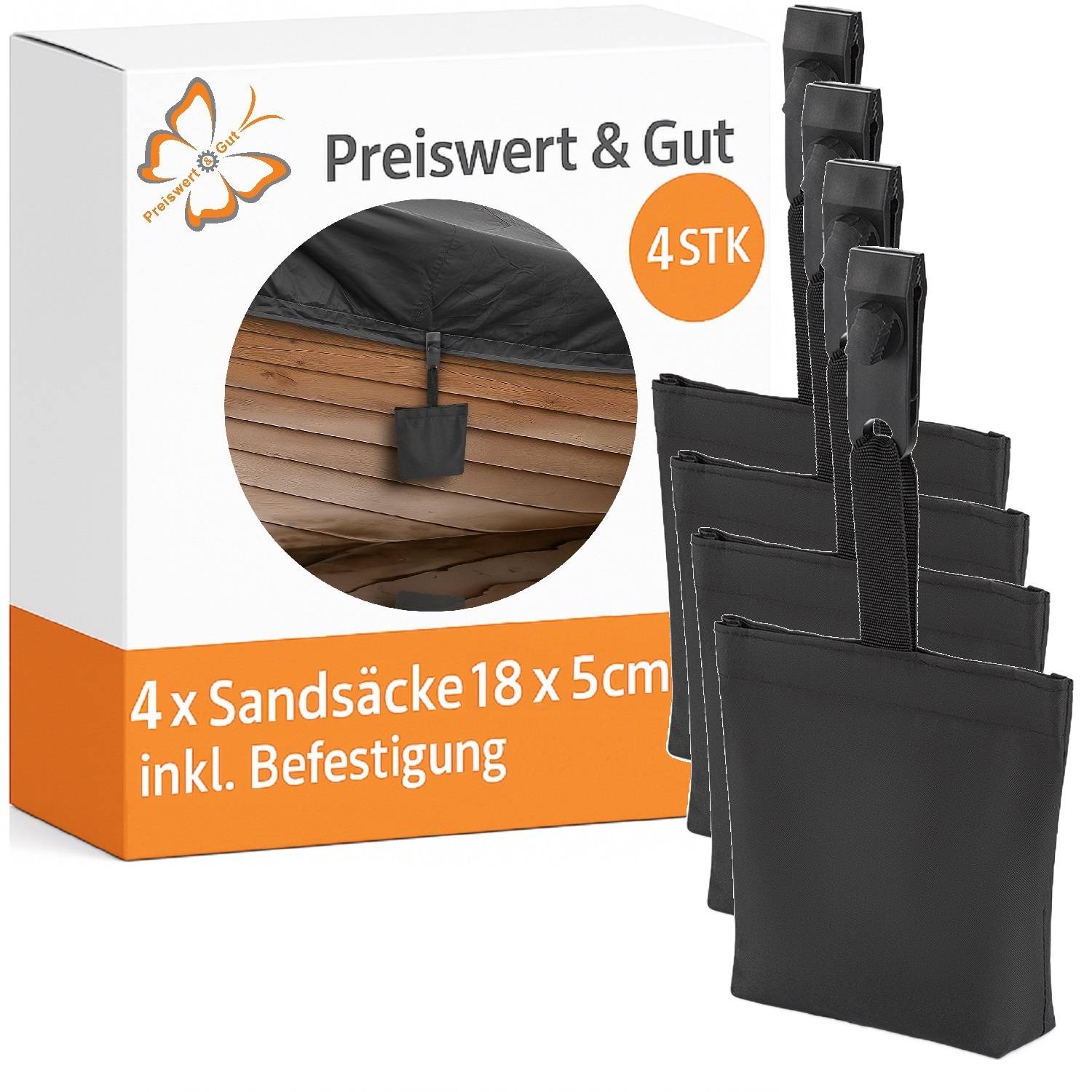 Eine Sammlung von vier schwarzen Sandsäcken zur Stabilisierung von Outdoor-Möbeln. Die Verpackung zeigt 'Preiswert & Gut', was Erschwinglichkeit und Qualität signalisiert.