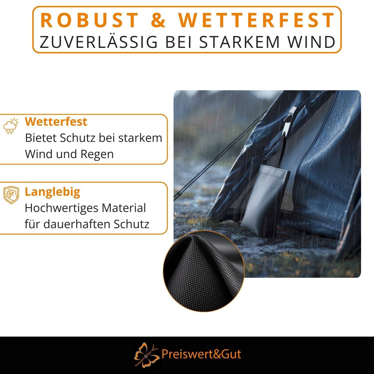 Das Bild ‚Robust & Wetterfest' zeigt eine Nahaufnahme eines Zeltes im Regen und unterstreicht dessen wetterfeste und strapazierfähige Materialeigenschaften.