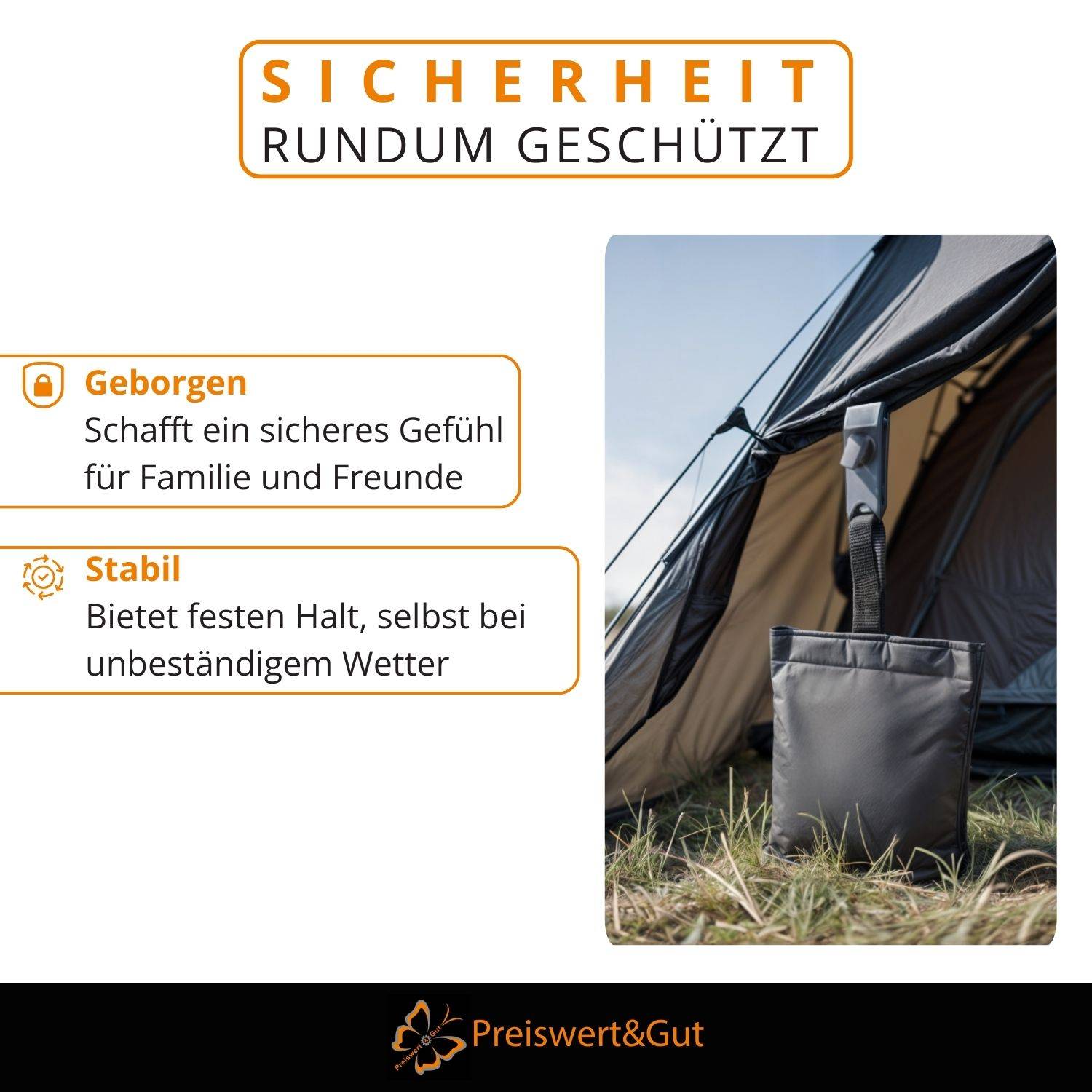Zelteingang mit offener Klappe, Gras im Hintergrund. Text: Sicherheit Rundum Geschützt. Features: Geborgen, Stabil.