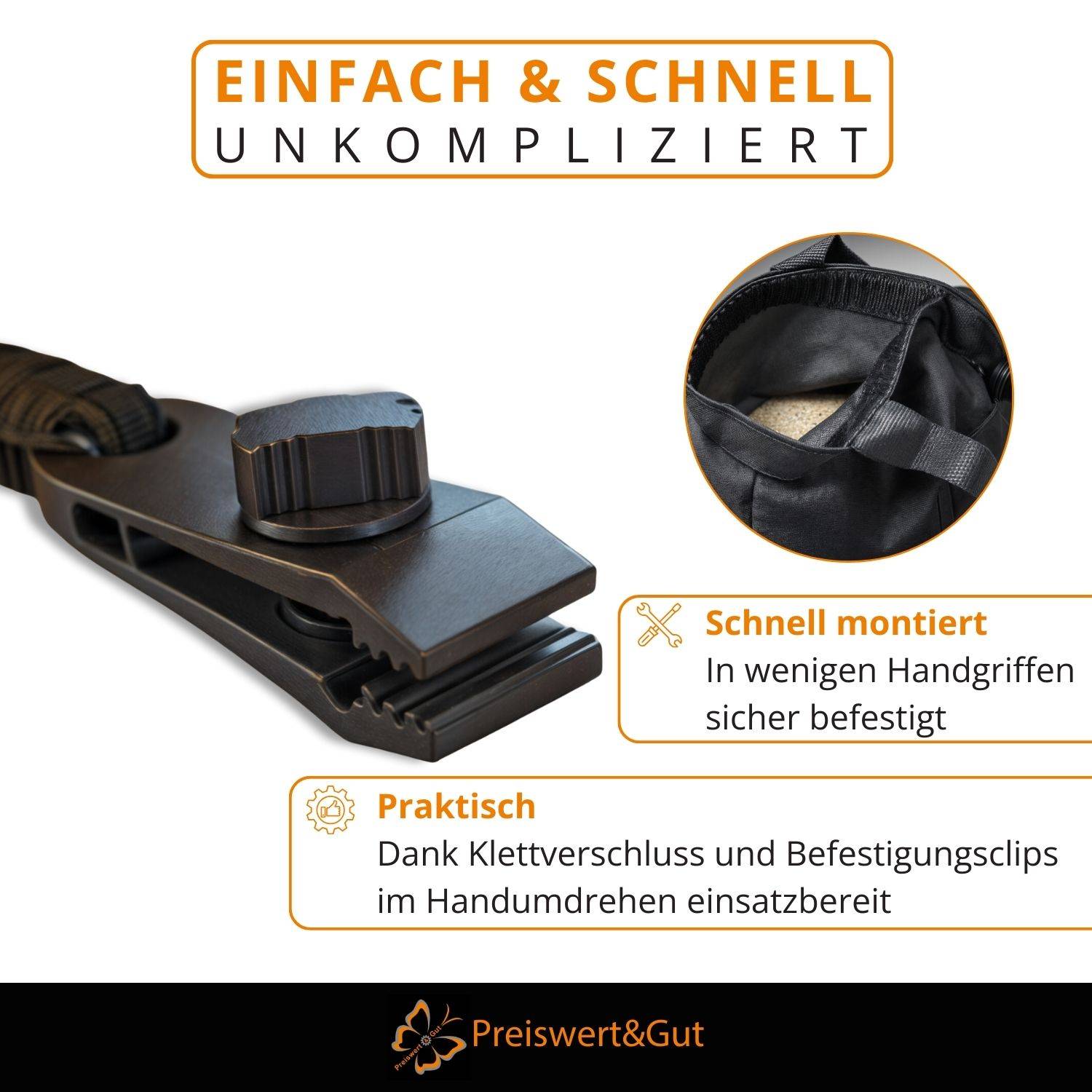 Eine Gürtelschnalle mit einem Einstellrädchen neben einem Nahaufnahme-Einsatz einer gesicherten Schnalle. Text lautet: 'Einfach & Schnell Unkompliziert,' und beschreibt die Benutzerfreundlichkeit.