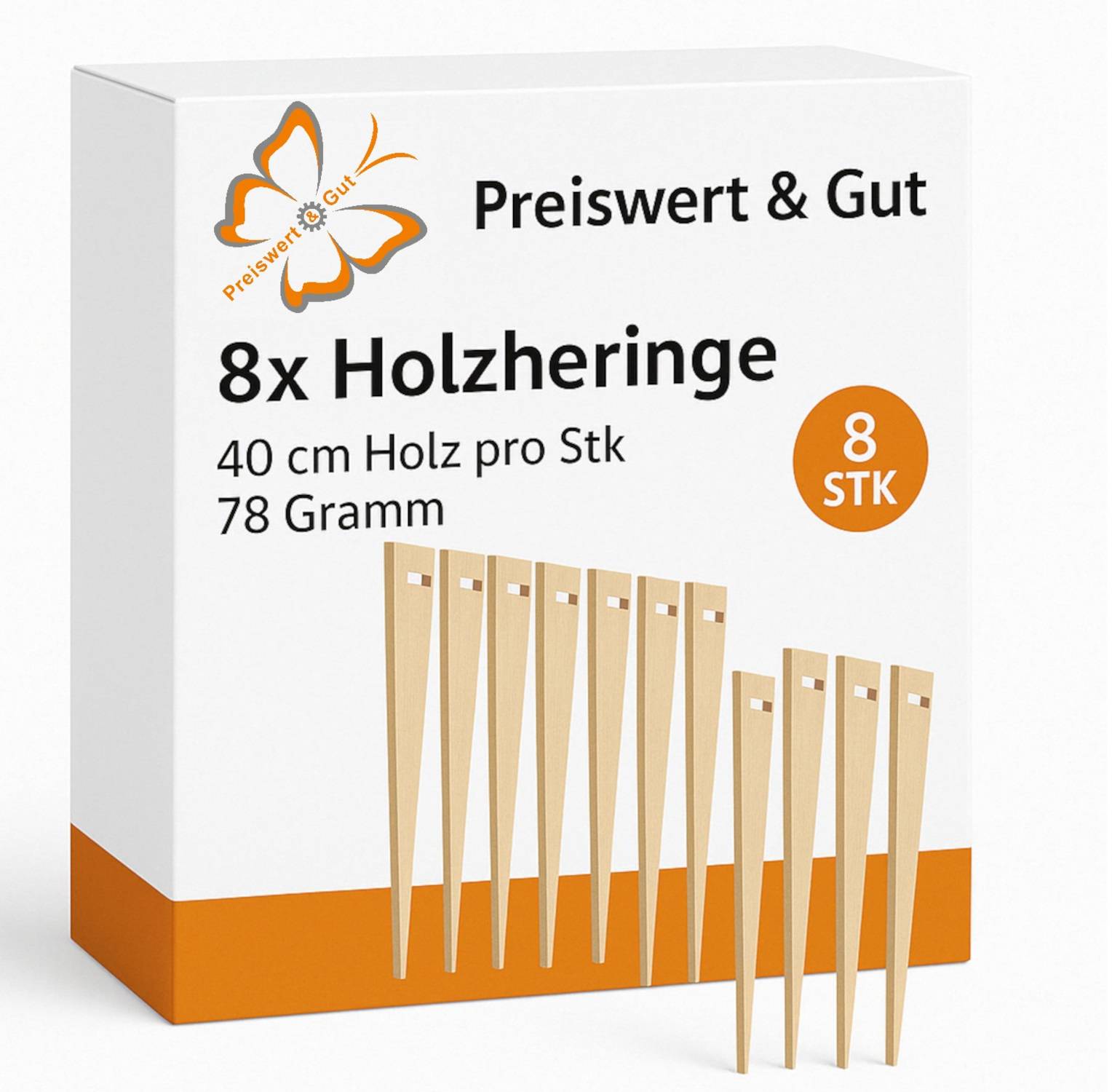 Eine Schachtel mit der Beschriftung 'Preiswert & Gut' enthält 8 Holzpflöcke, die jeweils 40 cm lang sind, 78 Gramm wiegen, mit einem Bild, das die Pflöcke zeigt.