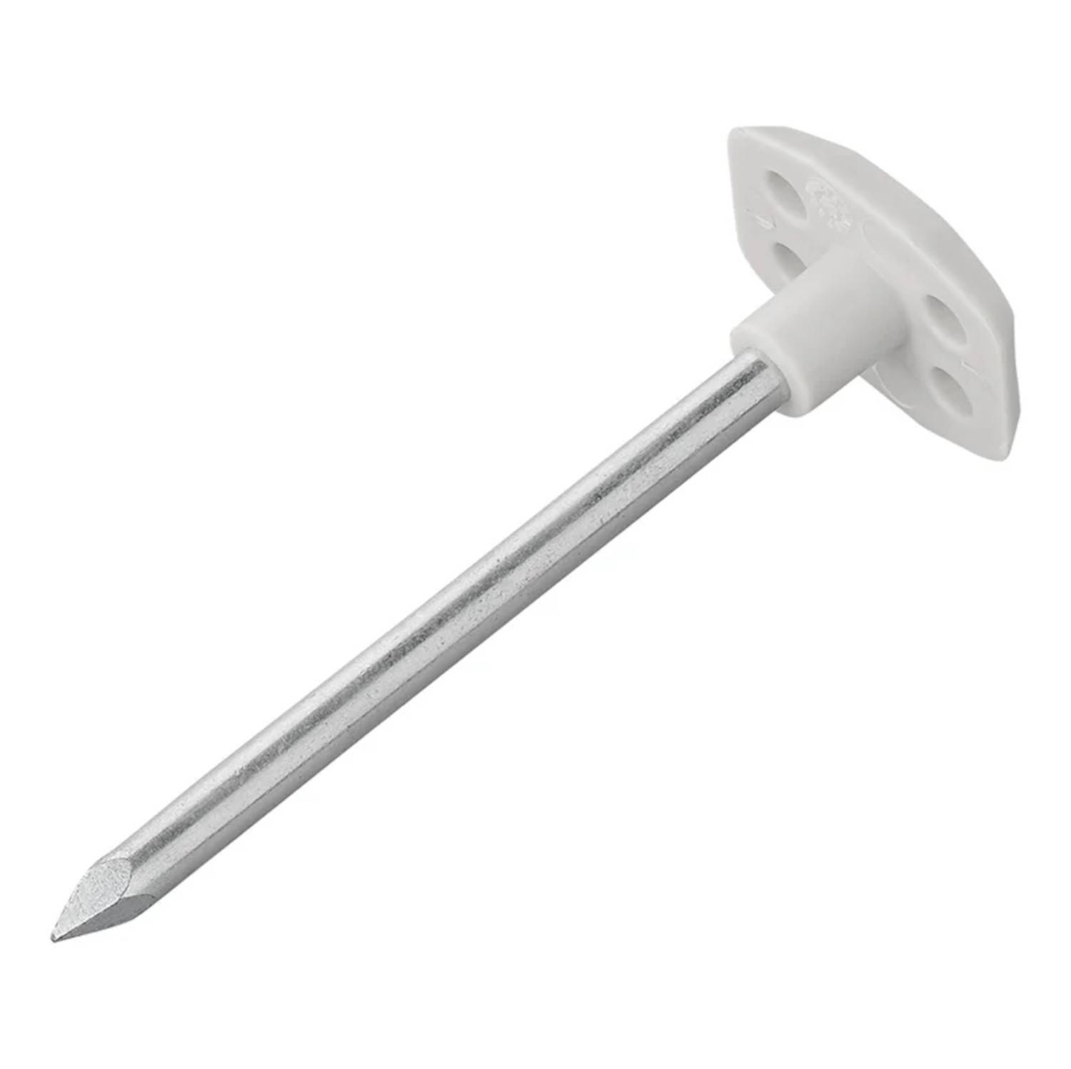 Ein langer Metallnagel mit einem flachen, weißen Kunststoffkopf, der für eine sichere Befestigung auf ebenen Oberflächen konzipiert ist.