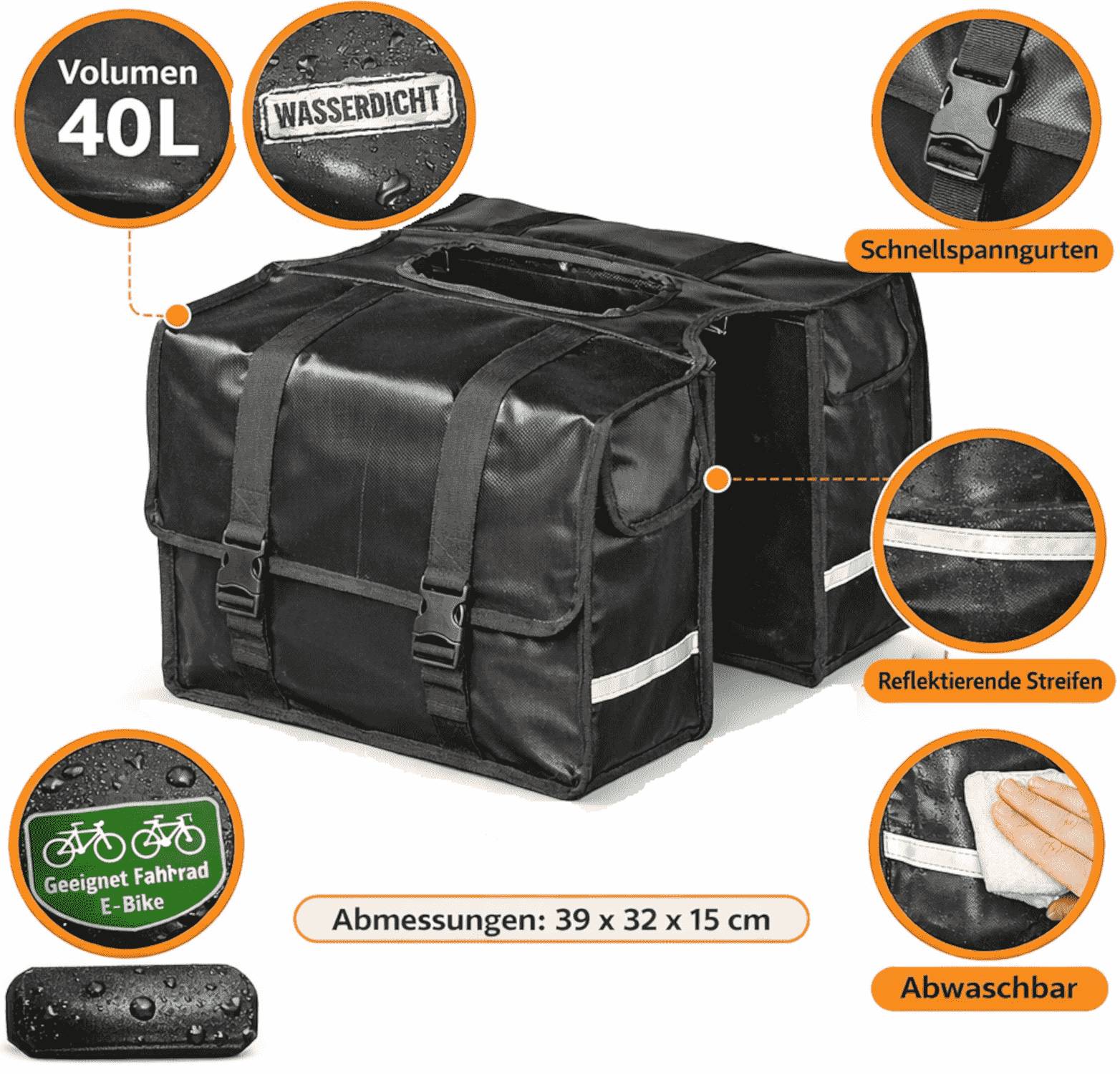 Fahrradtasche Gepäckträger 39x32,5x15cm 1,69Kg Wasserdicht 40L Reflektorstreifen