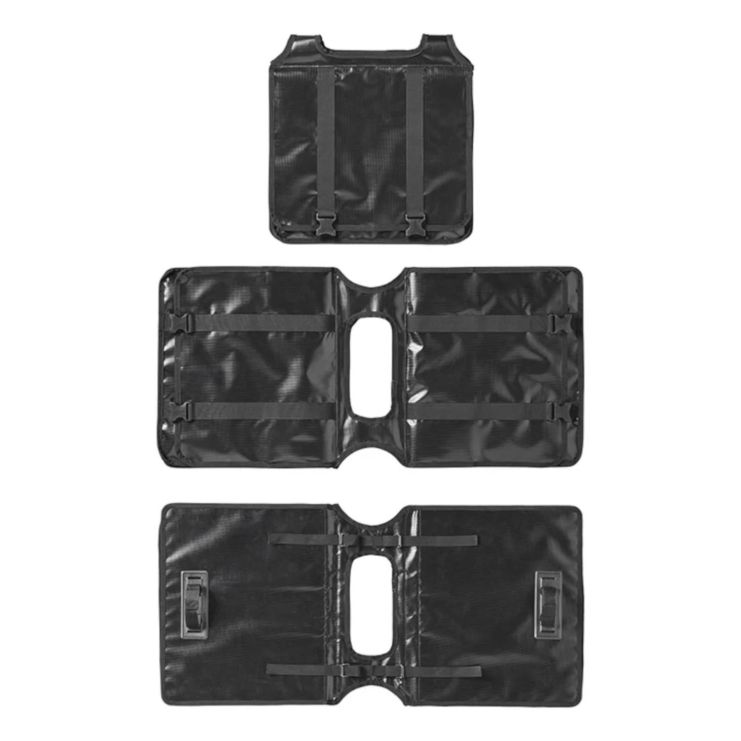 Ein schwarzer, zusammenklappbarer Autositzschoner mit zwei Hauptsektionen, verstärkten Trägern und einem kleineren abnehmbaren Oberteil.