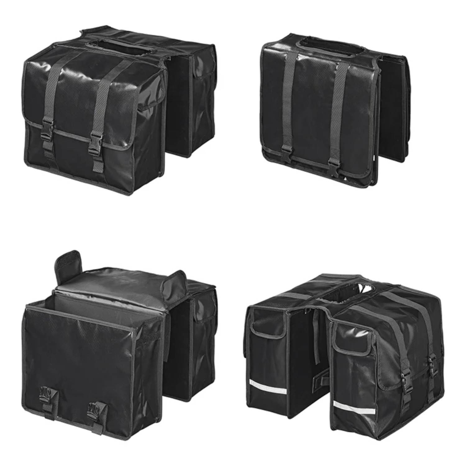 Vier Ansichten einer schwarzen Fahrrad-Gepäcktasche mit mehreren Fächern und reflektierenden Streifen, entwickelt zum Transportieren von Gegenständen während des Radfahrens.