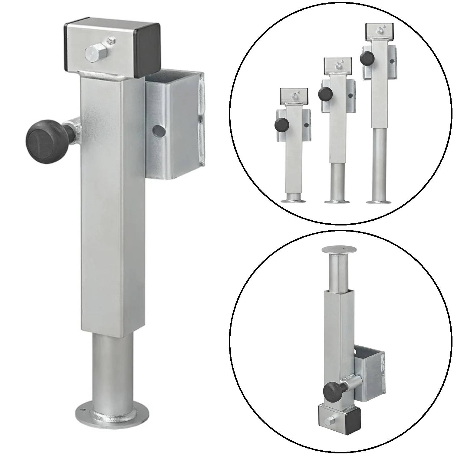 Verstellbarer Metallheber mit schwarzem Griff, in verschiedenen ausgefahrenen Positionen dargestellt. Ideal zum Stabilisieren oder Ausrichten von Geräten oder Anhängern.