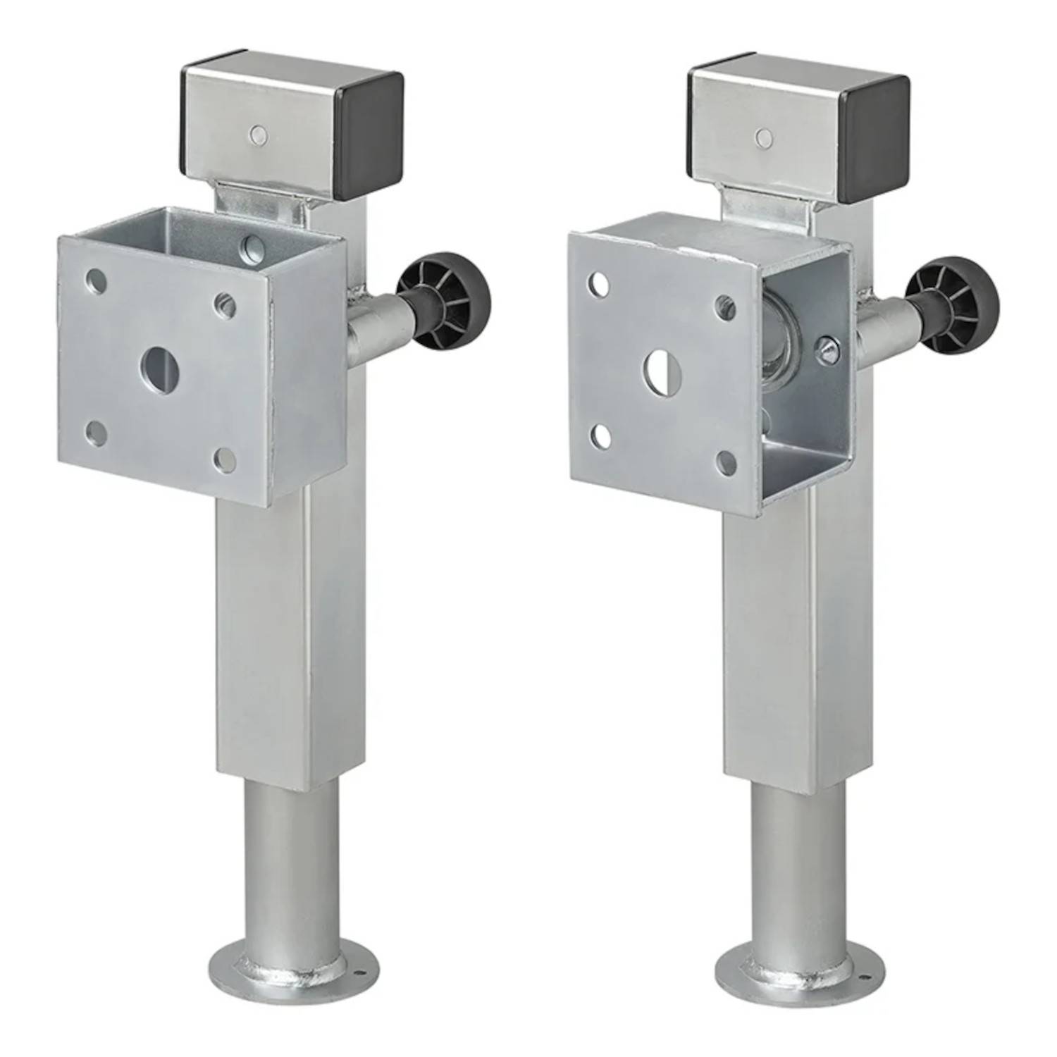 Zwei silberne Metall-Montageklammern mit verstellbaren Knöpfen, entwickelt für eine sichere Befestigung an Oberflächen, geeignet für industrielle Anwendungen.