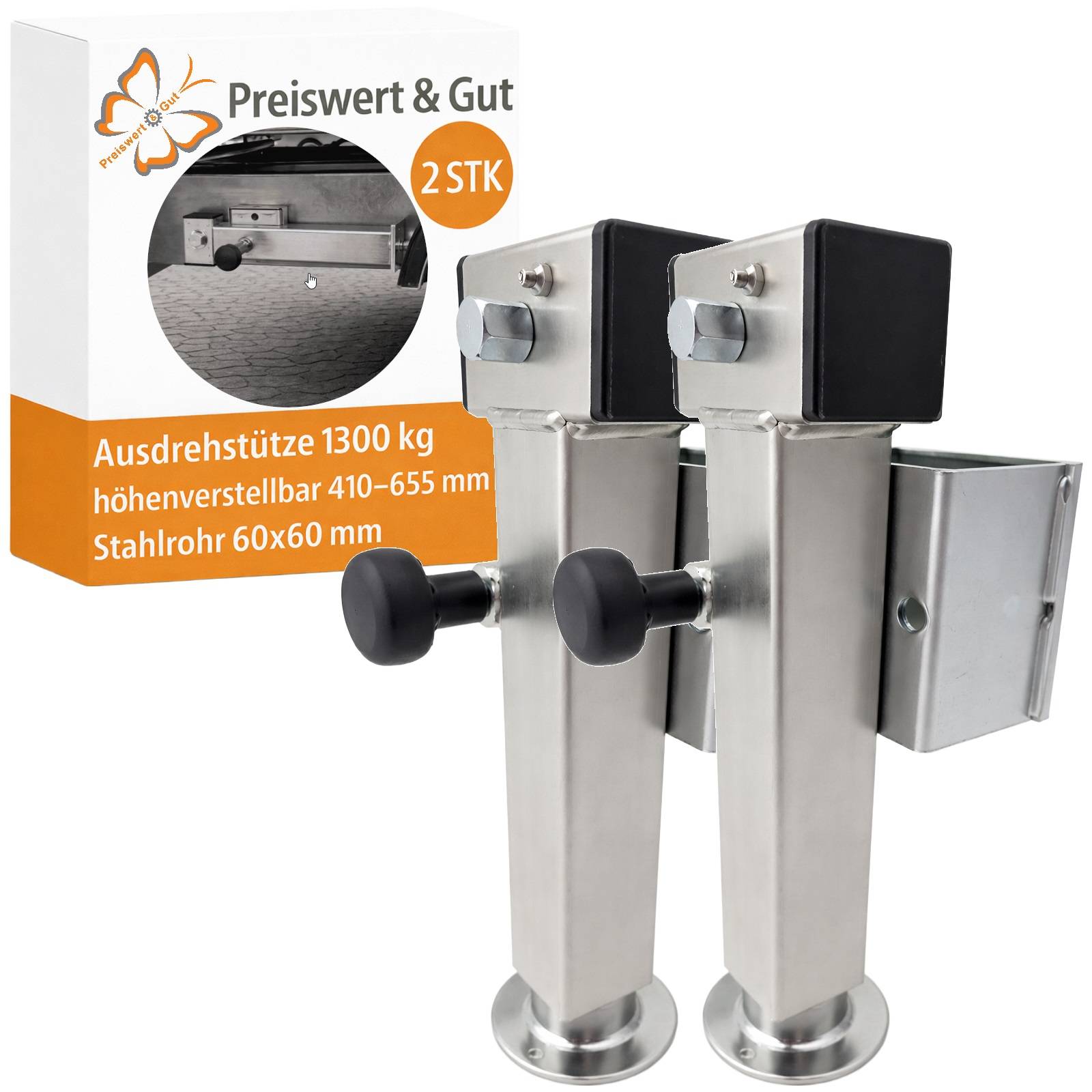 2x Anhänger Stützen 1300 kg 410–655 mm Wohnwagen Wohnmobil Ausdrehstützen Set