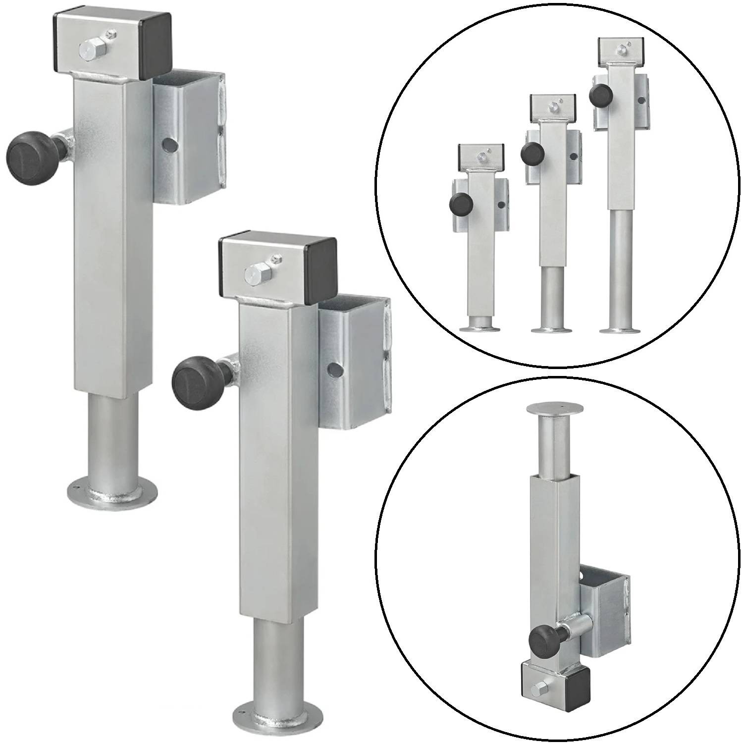 Verstellbare Metallständer mit schwarzen Knöpfen und Bodenplatten. Die Grafik zeigt drei Ständer unterschiedlicher Höhen und Komponenten in separaten kreisförmigen Ausschnitten.