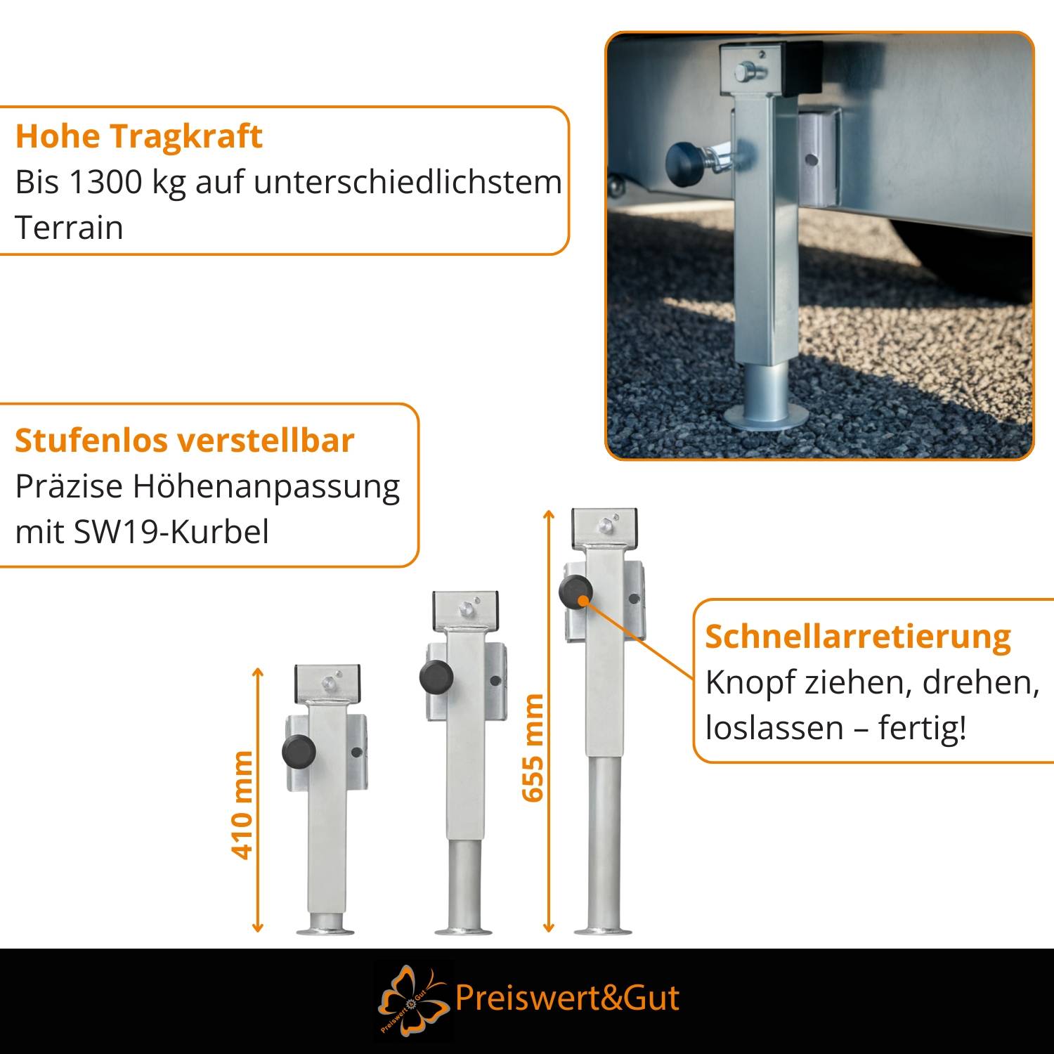 Preiswert&Gut': Teleskopstütze mit einfacher Verstellung, schneller Entriegelung und hoher Tragfähigkeit. Höhenoptionen: 410 mm bis 665 mm.