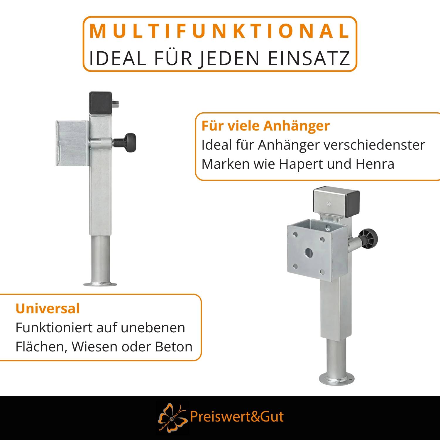 MULTIFUNKTIONAL IDEAL FÜR DEN EINSATZ' für Anhängerkupplungen, die vielseitige Einsatzmöglichkeiten hervorheben. Universelles Design eignet sich für unterschiedliche Oberflächentypen.