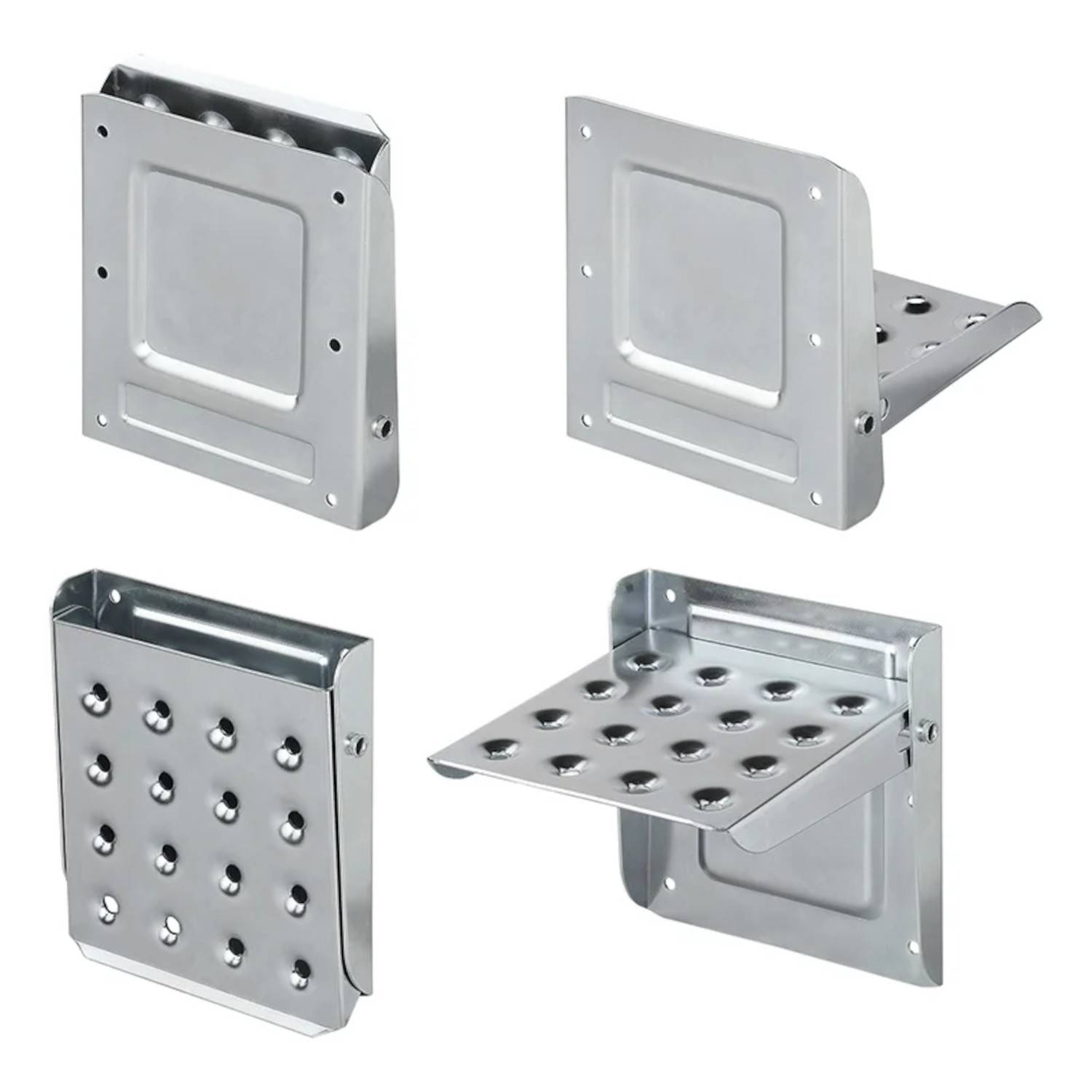 Vier Bilder, die einen faltbaren Metallwandhalter zeigen, der verschiedene Stadien des Entfaltens demonstriert, mit einem gelochten Design zur Belüftung.