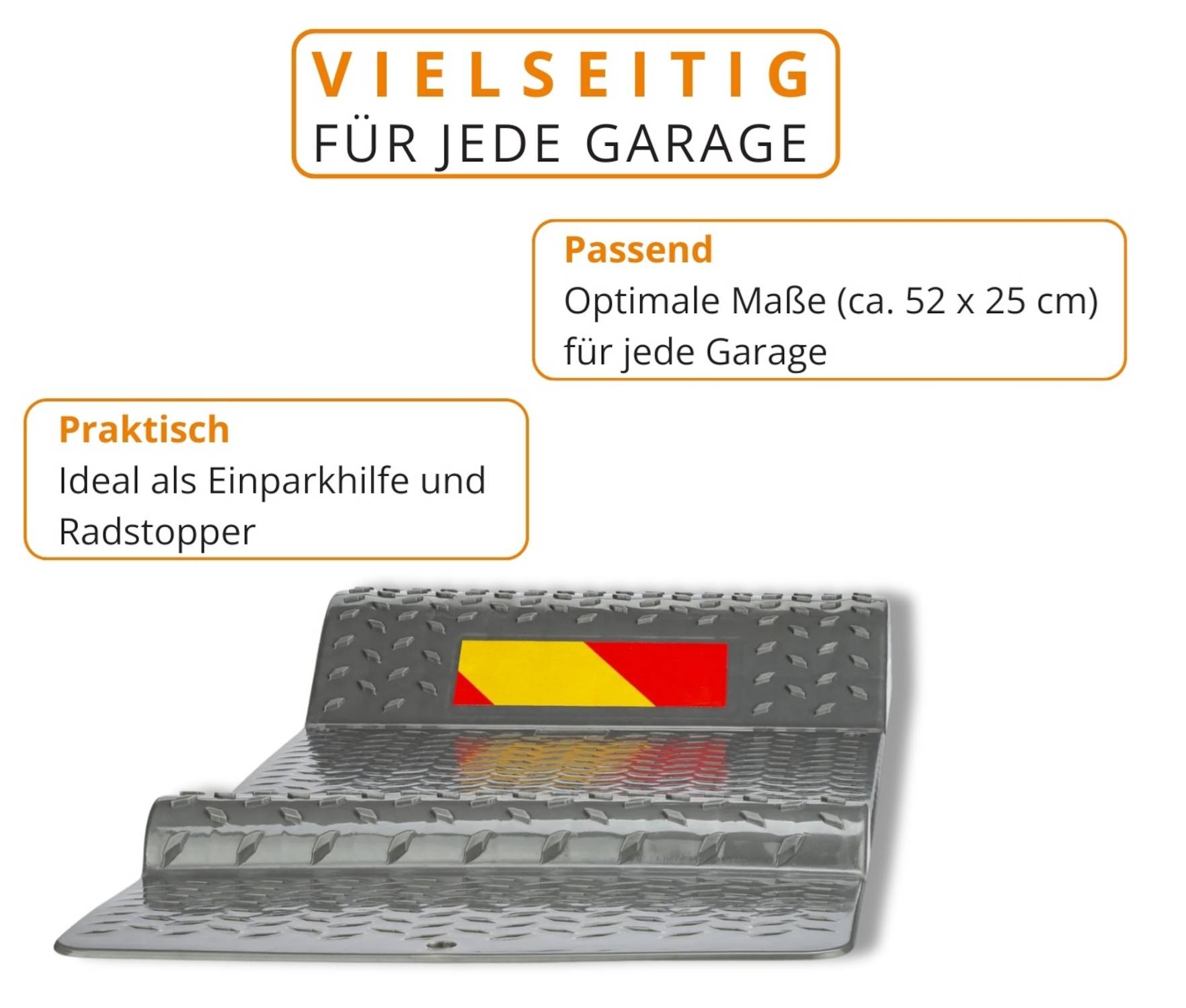 Ein Reifenstopper mit einem gelb-roten reflektierenden Streifen wird gezeigt. Als vielseitig für jede Garage bezeichnet, misst er ungefähr 52 x 25 cm.