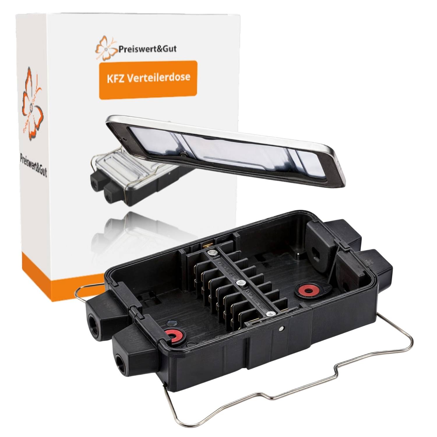 Eine schwarze automotive Verbindungsbox mit elektronischen Komponenten, Deckel geöffnet. Markierte Verpackung im Hintergrund mit orangefarbenem Etikett.