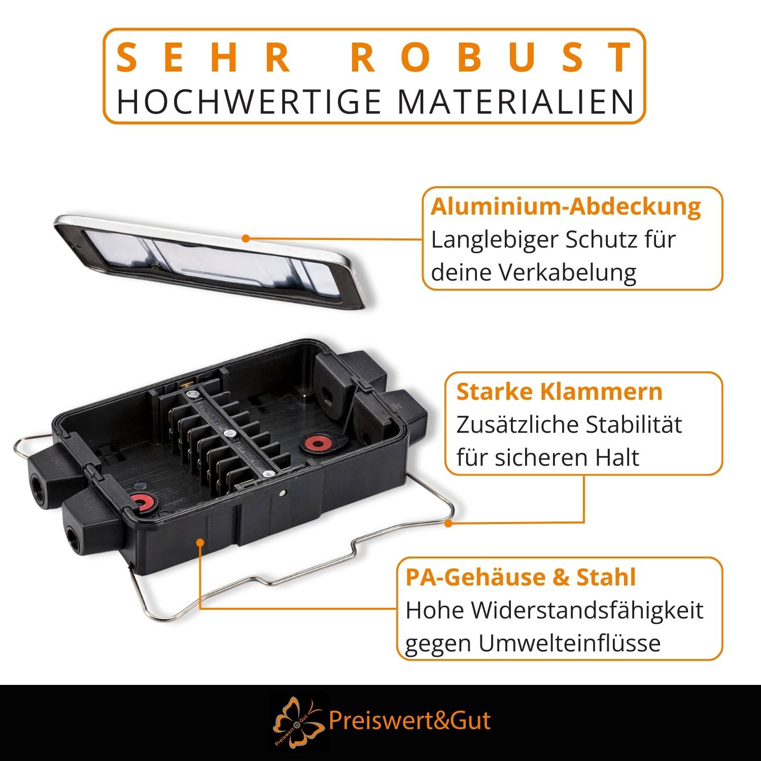Sehr robust: Hochwertige Materialien.' Bild eines Geräts mit drei hervorgehobenen Merkmalen: Langlebigkeit, starke Klammern für festen Halt und robustes Gehäuse.